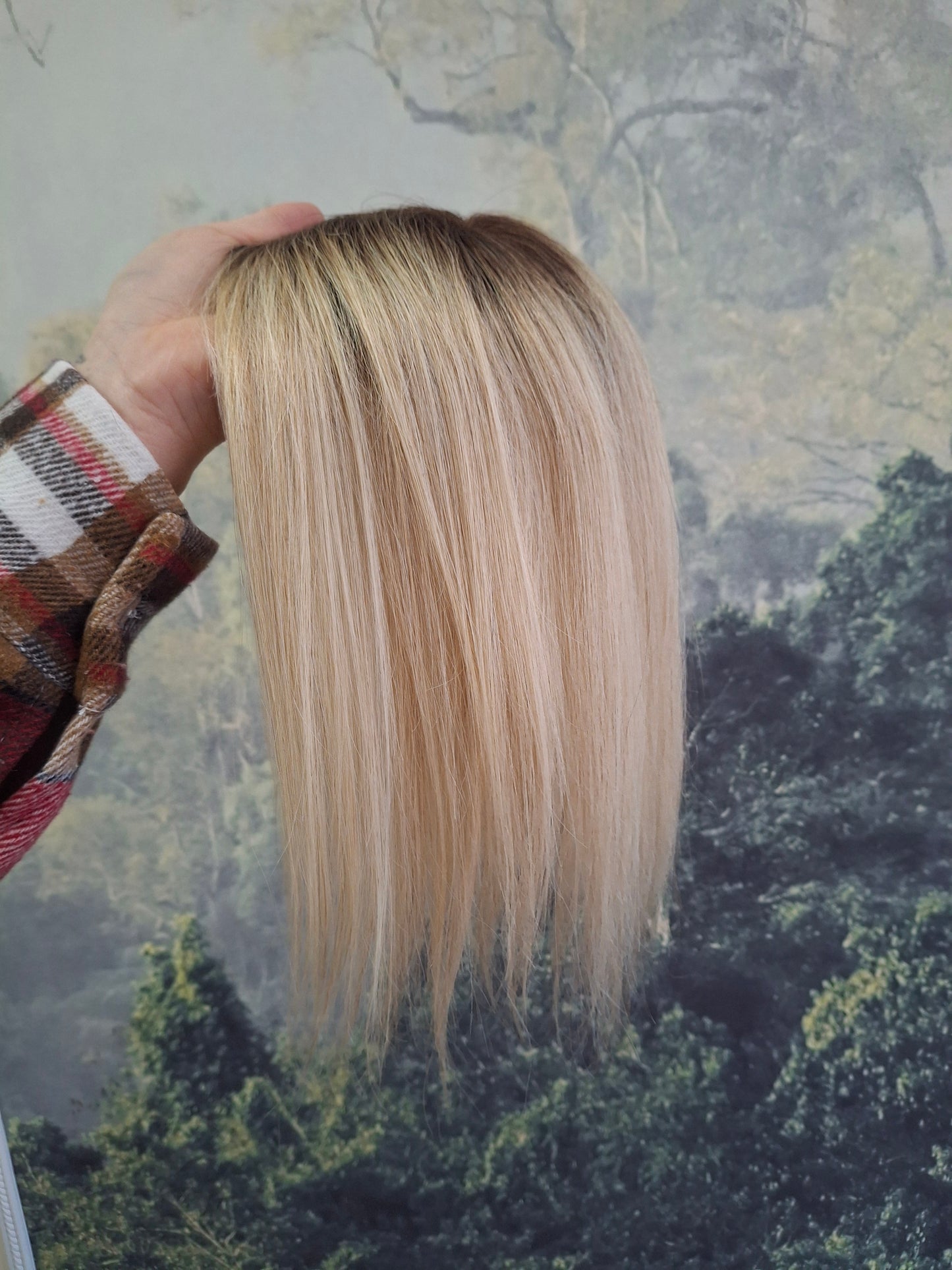 Betty lace and weft base human hair topper, small, lightweight, light honey blonde with root