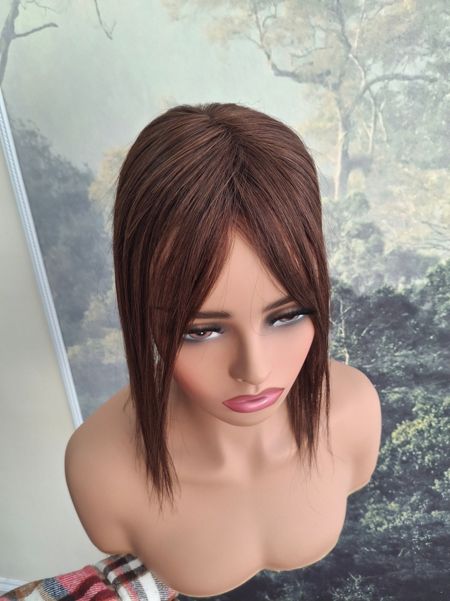 Betty lace and weft base human hair topper, small, lightweight, darkest brown