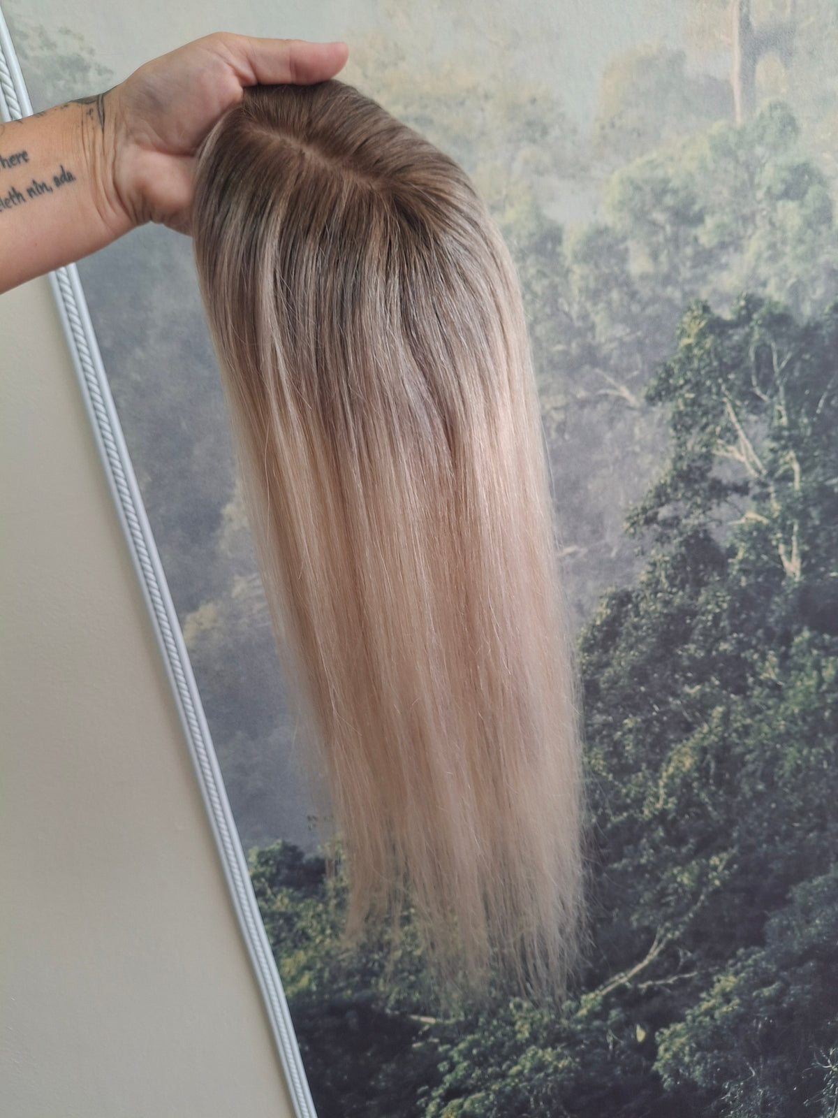 Mila quality human hair topper, full silk base, handmade, 18 inches long, #18/60 ashes and dust