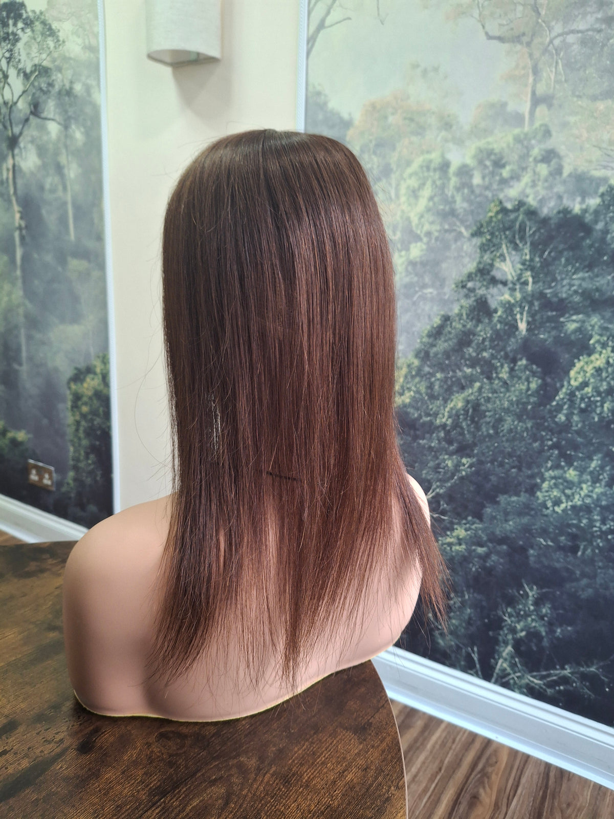 Elle topper, full silk base with scalp effect, parting coverage, darkest brown, 16 inches long