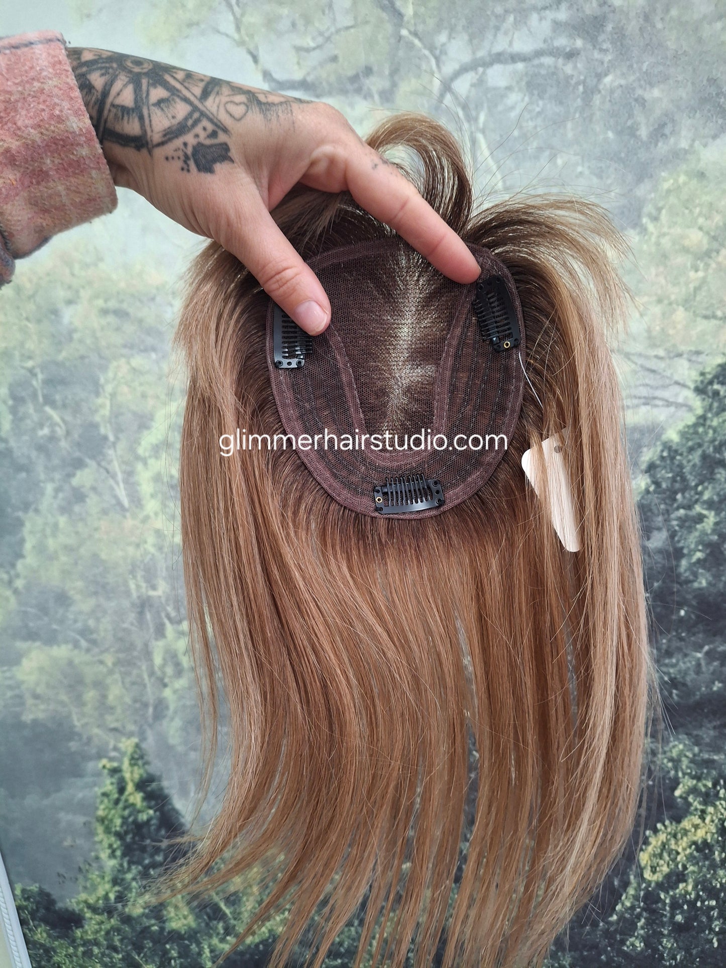 Betty lace and weft base human hair topper, small, lightweight, dark blonde with root, fringe, bangs