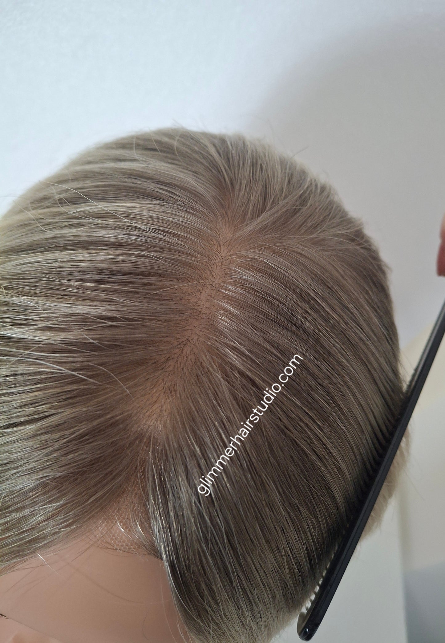 Lila human hair lace and silk wig, light blonde with shadow root, medium