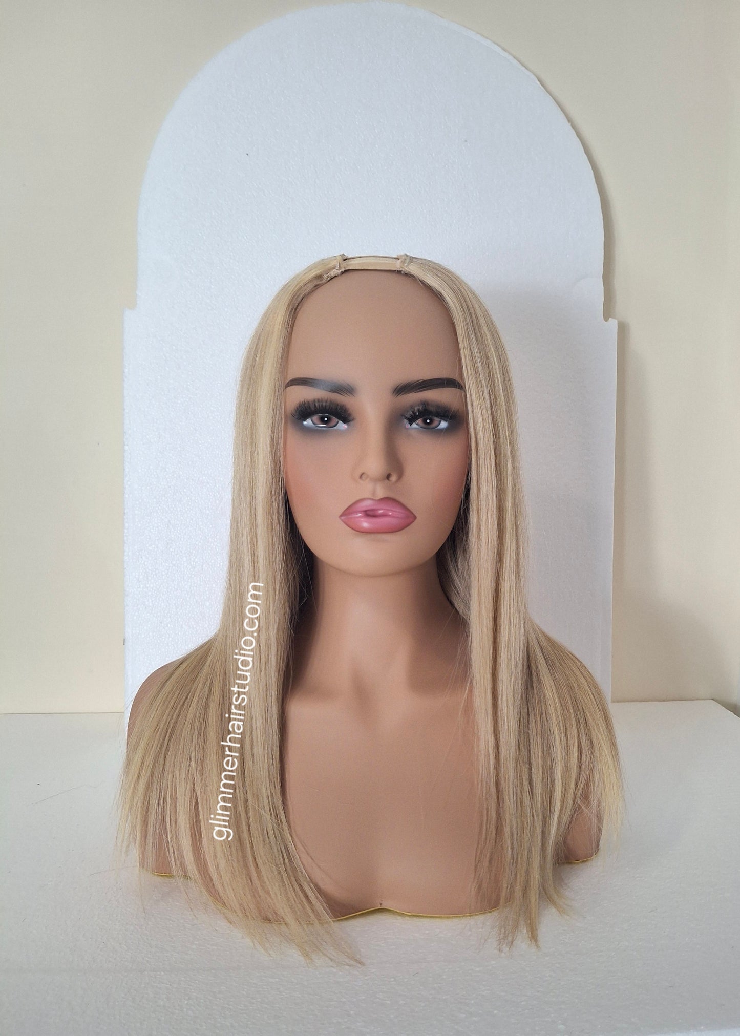 Grace U part wig, 100% human hair, #18/613- mid blonde, light blonde, 18 inches long