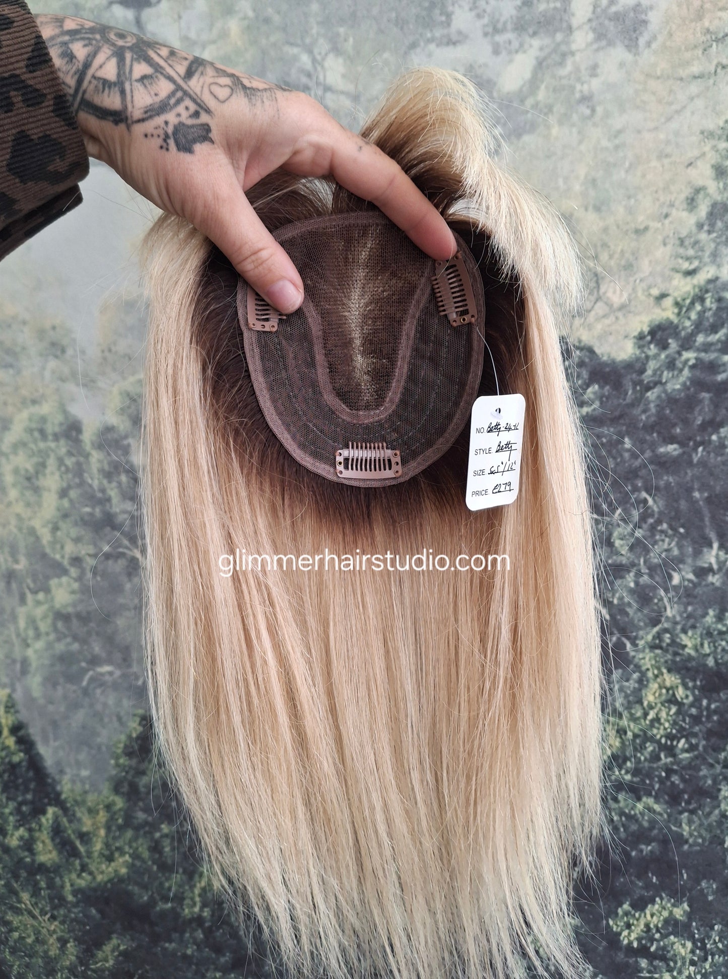 Betty lace and weft base human hair topper, small, lightweight, honey blonde with root, fringe, bangs