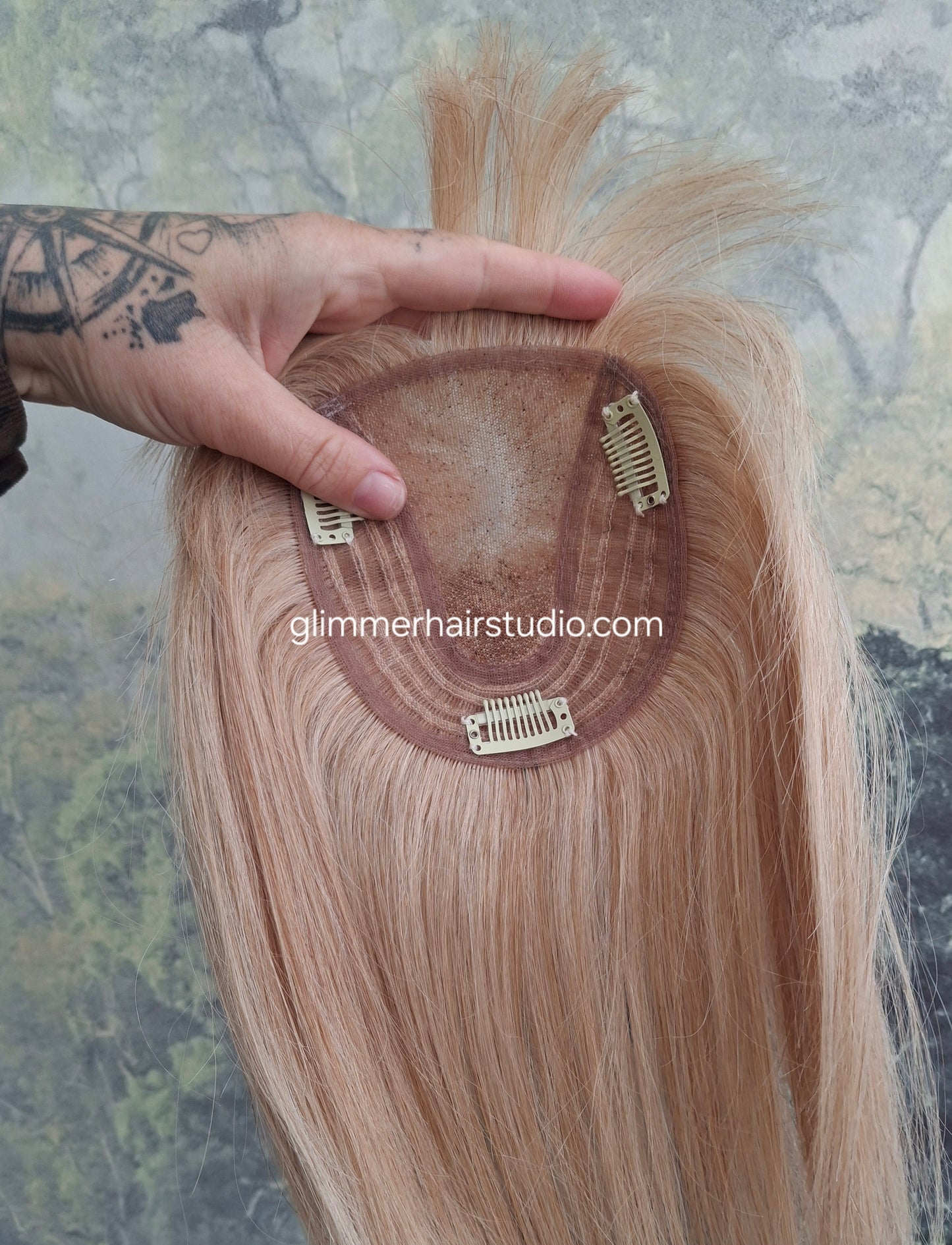 Betty lace and weft base human hair topper, small, lightweight, champagne blonde, fringe, bangs