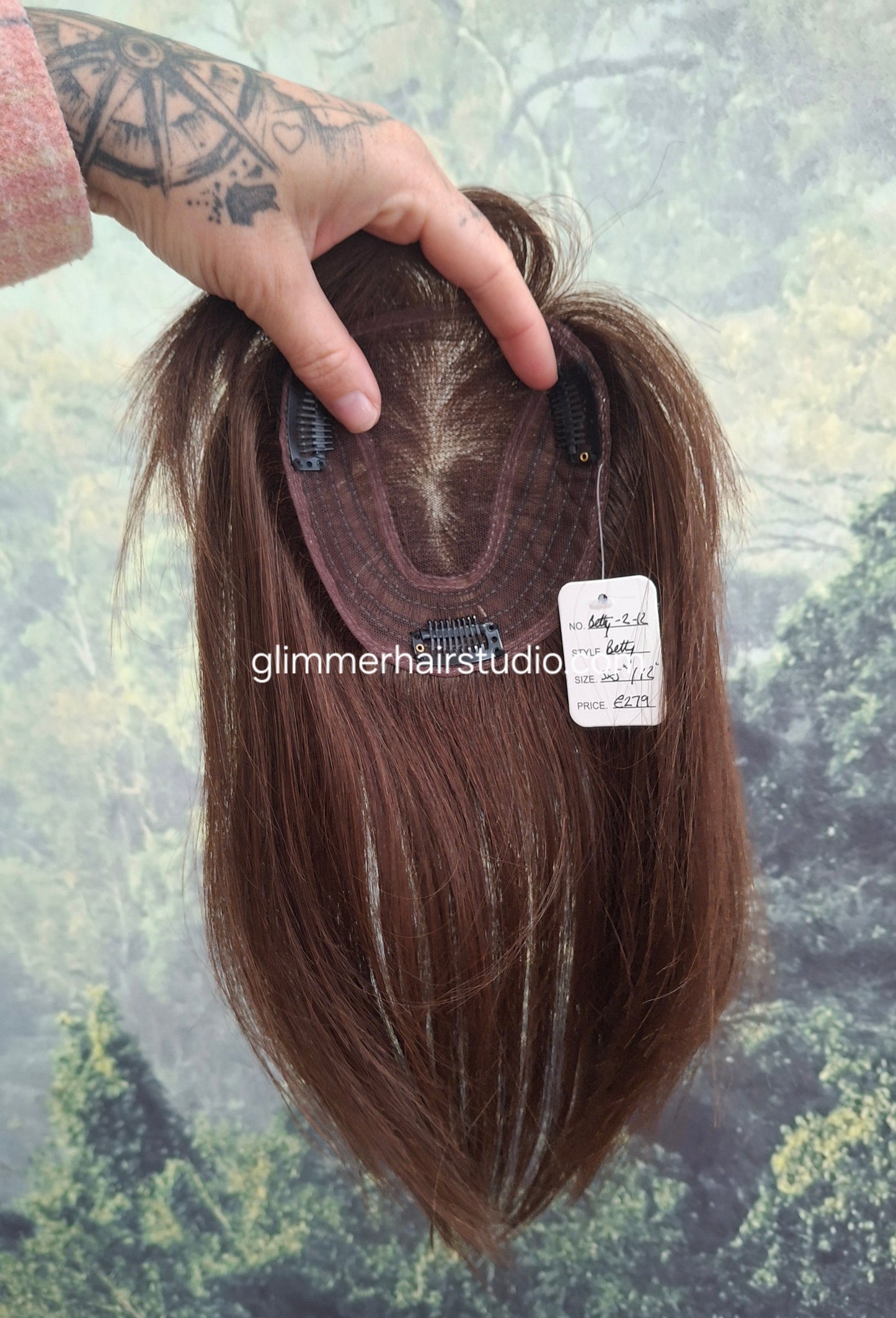 Betty lace and weft base human hair topper, small, lightweight, darkest brown, fringe, bangs