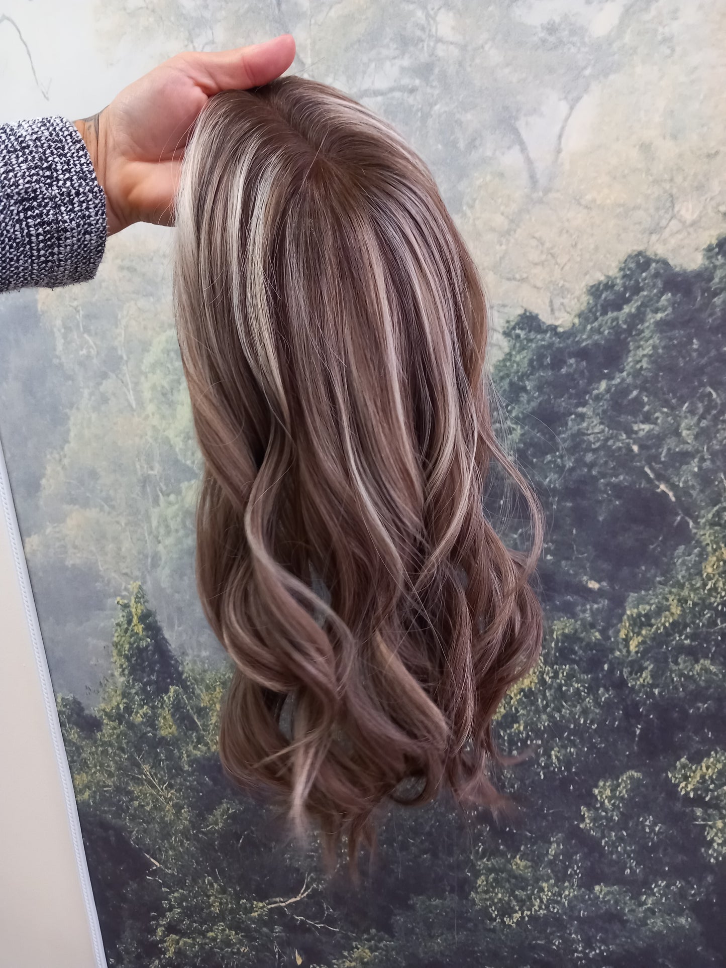 Callie topper, swiss lace closure with weft, large size, full coverage, smoke and ash, 14 inches long