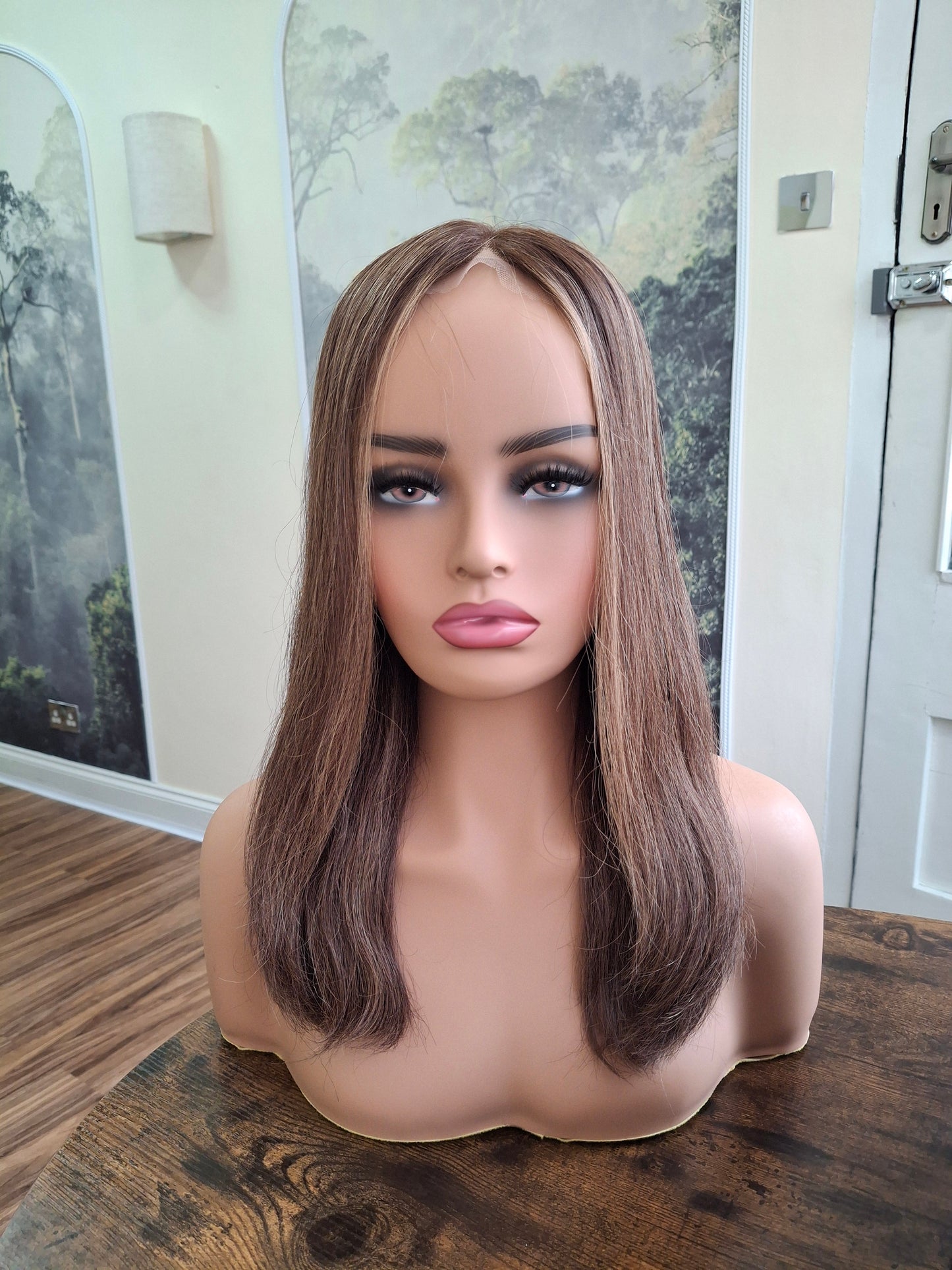 Callie topper, swiss lace closure with weft, large size, full coverage, Spiced Coffee, 14 inches long