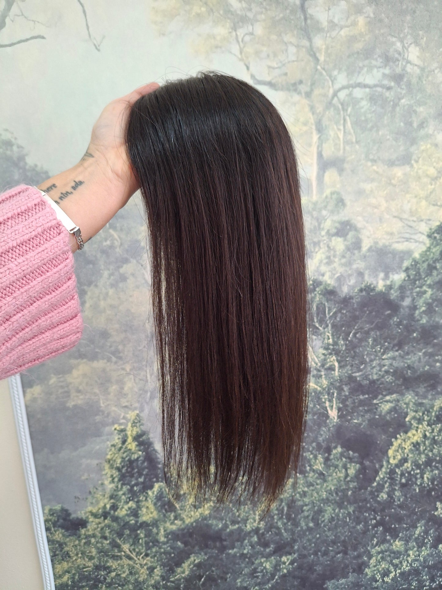 Reduced- Bella quality human hair topper, silk and weft base, lace front, 16 inches long, 1b soft black