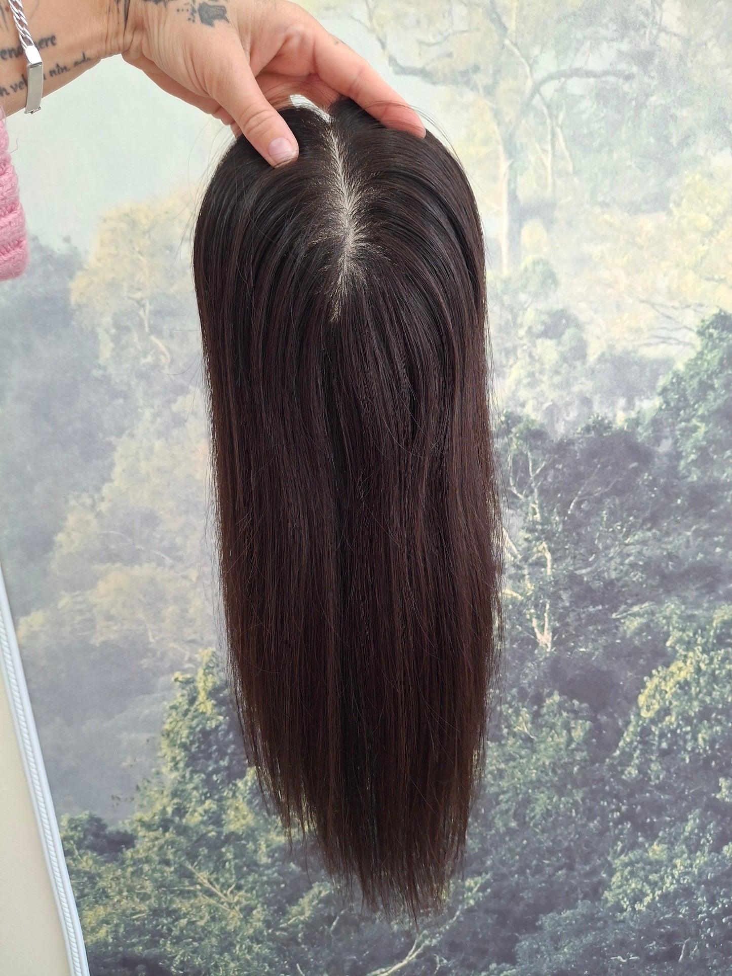 Reduced- Bella quality human hair topper, silk and weft base, lace front, 16 inches long, 1b soft black