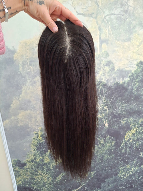 Bella quality human hair topper, silk and weft base, lace front, 16 inches long, 1b soft black