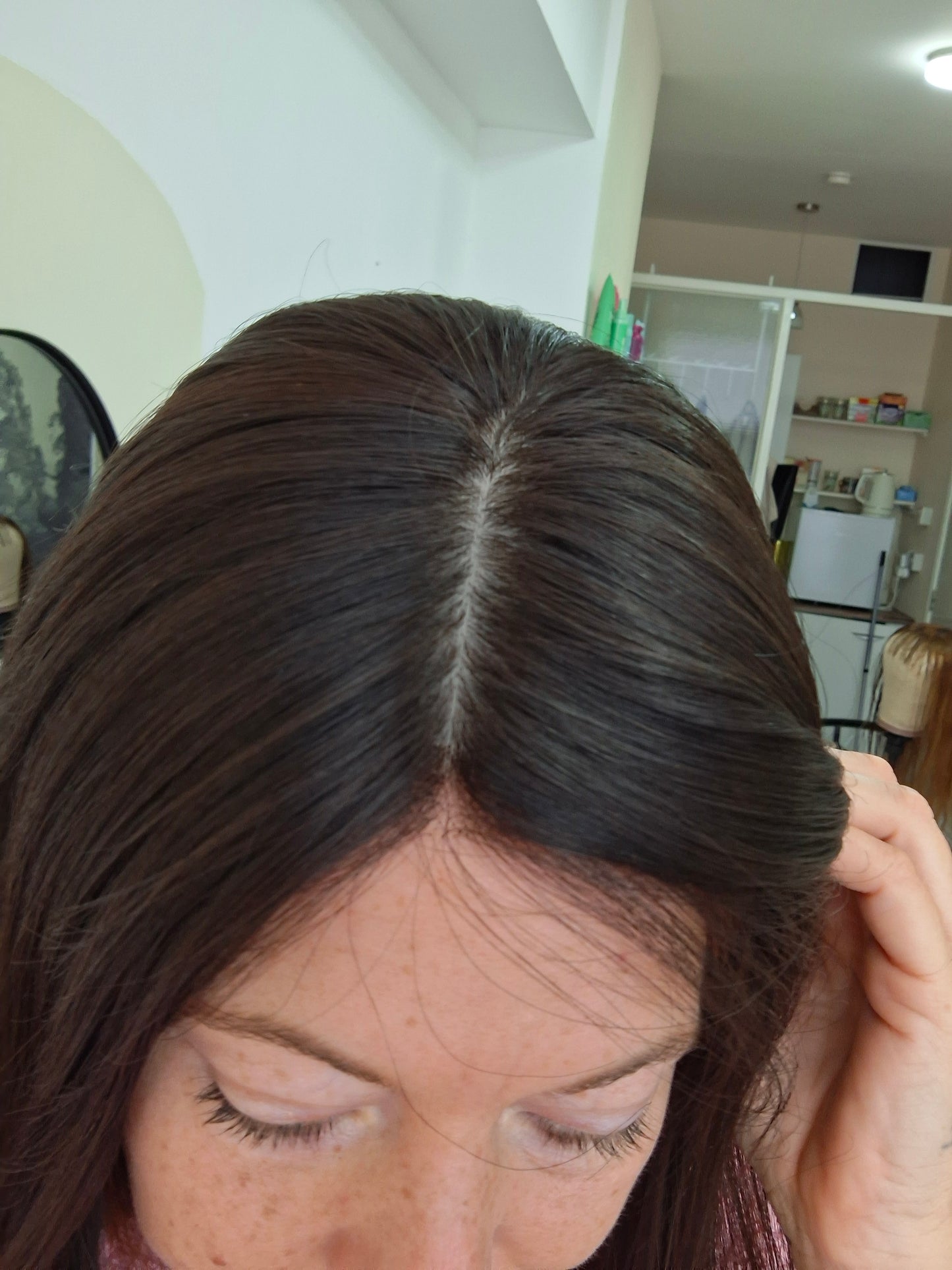 Reduced- Bella quality human hair topper, silk and weft base, lace front, 16 inches long, 1b soft black