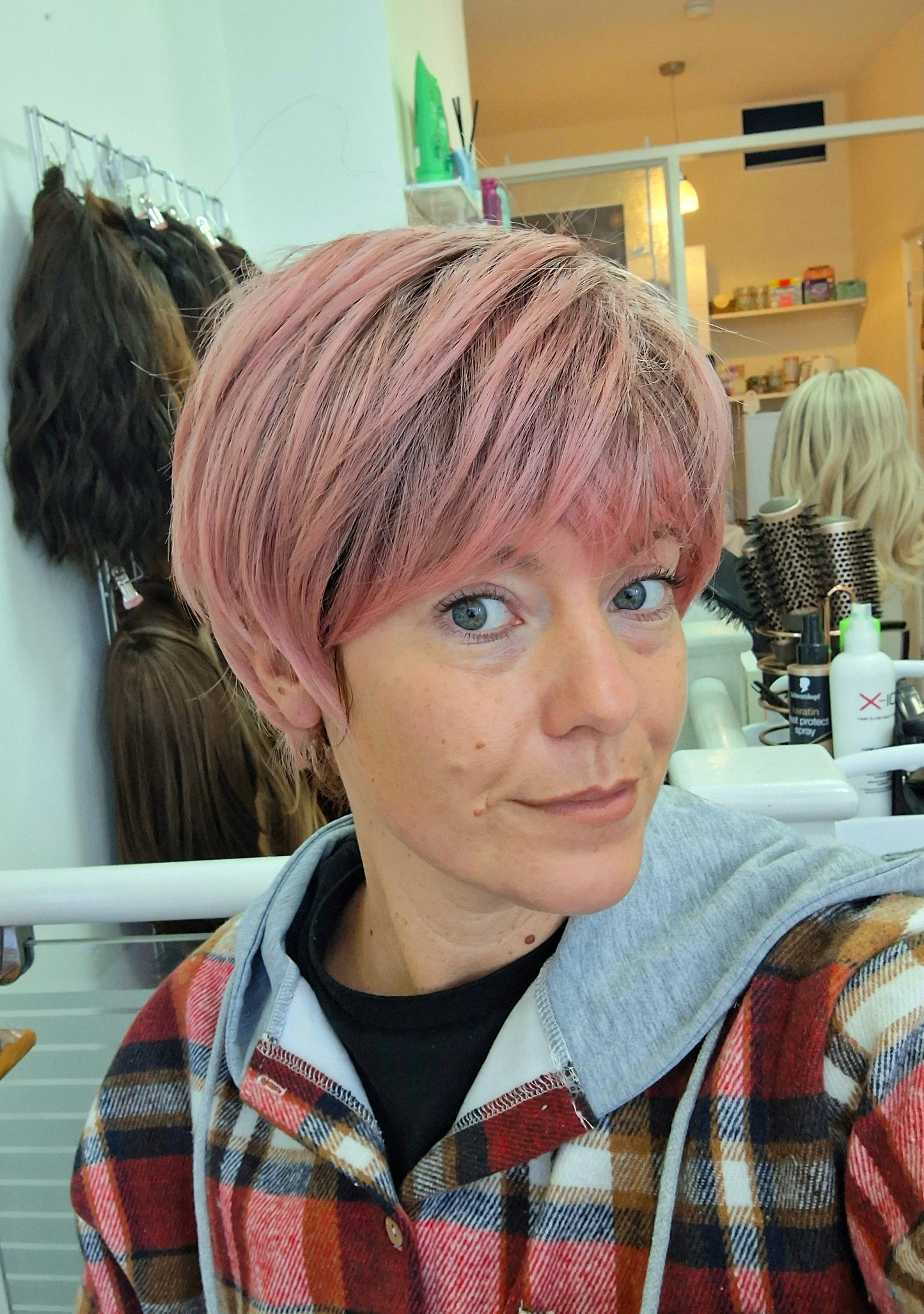 Clearance -Jane Fibre wig, short cropped style, pixie, Medium, dusky pink