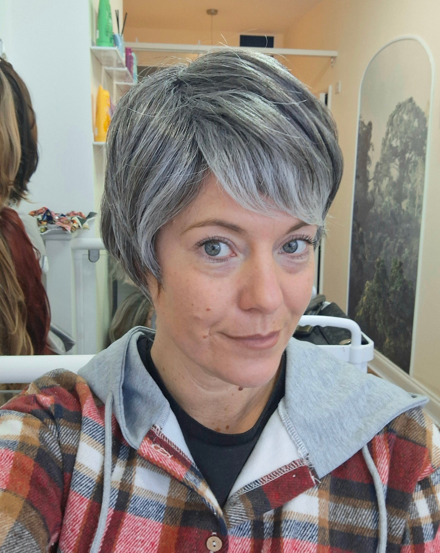 Clearance -Jane Fibre wig, short cropped style, pixie, Medium, dark grey and white