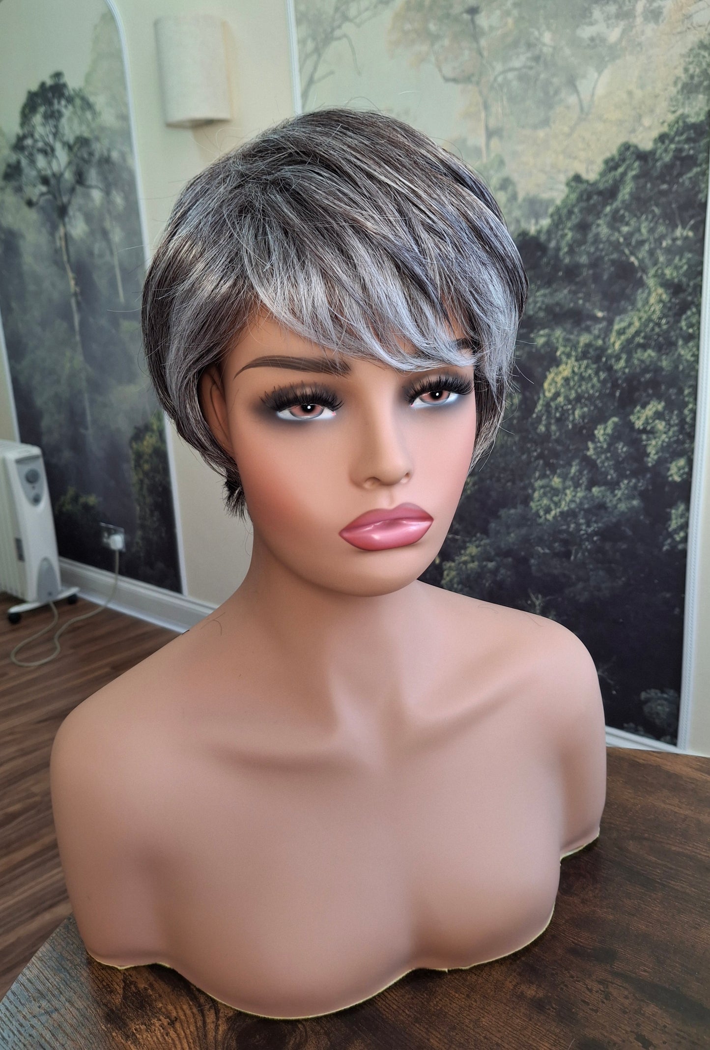Clearance -Jane Fibre wig, short cropped style, pixie, Medium, dark grey and white