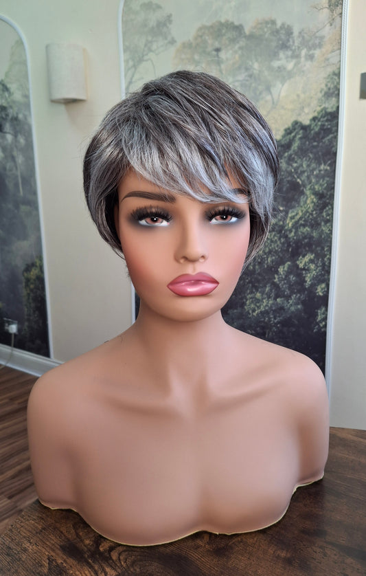 Clearance -Jane Fibre wig, short cropped style, pixie, Medium, dark grey and white