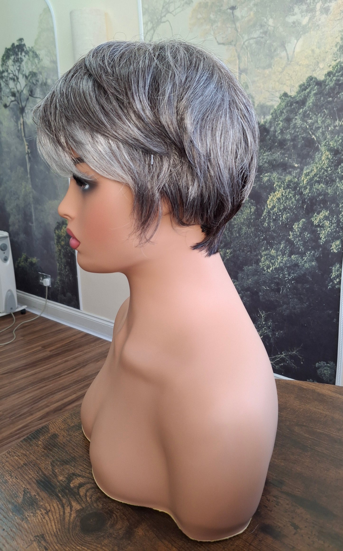 Clearance -Jane Fibre wig, short cropped style, pixie, Medium, dark grey and white