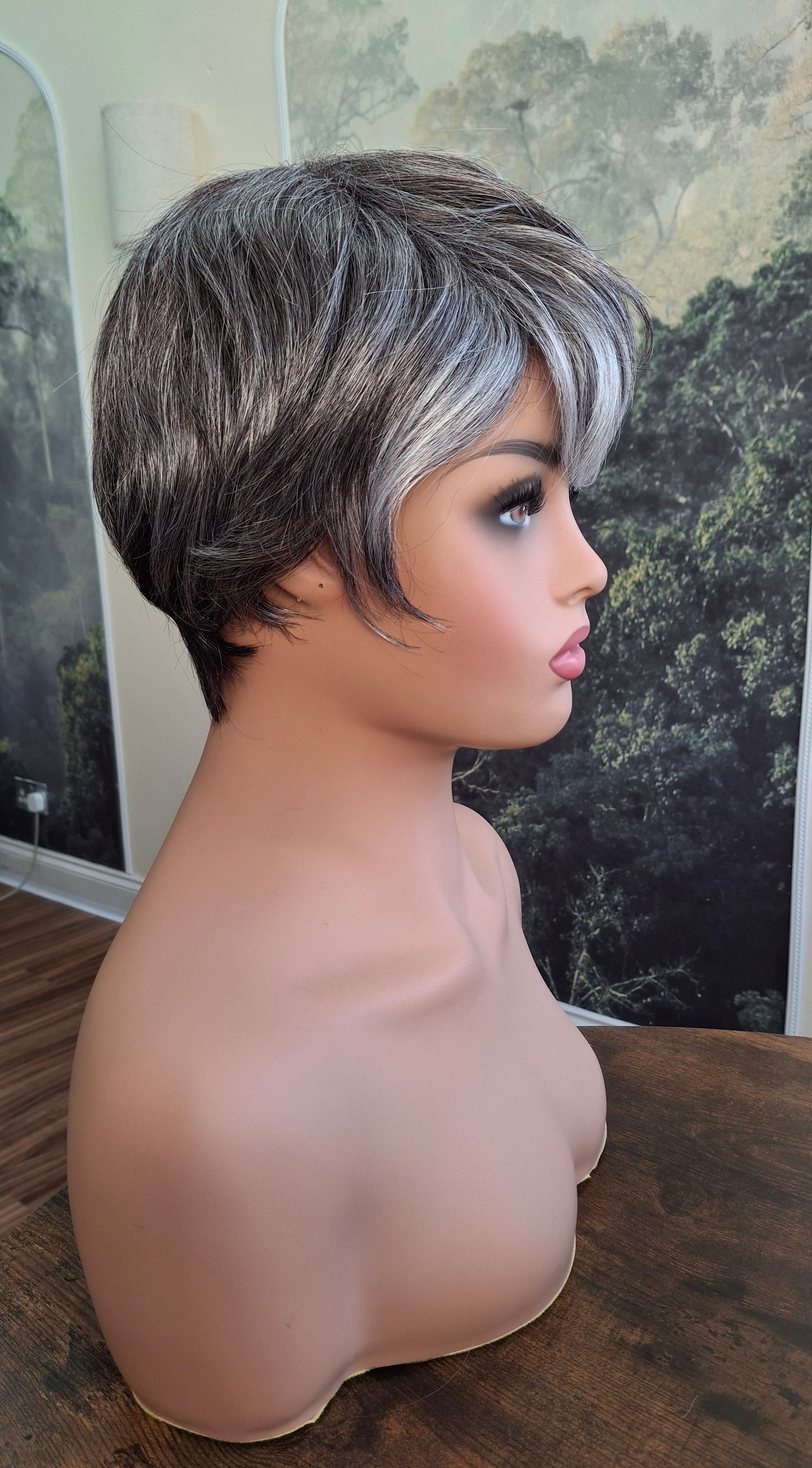 Clearance -Jane Fibre wig, short cropped style, pixie, Medium, dark grey and white