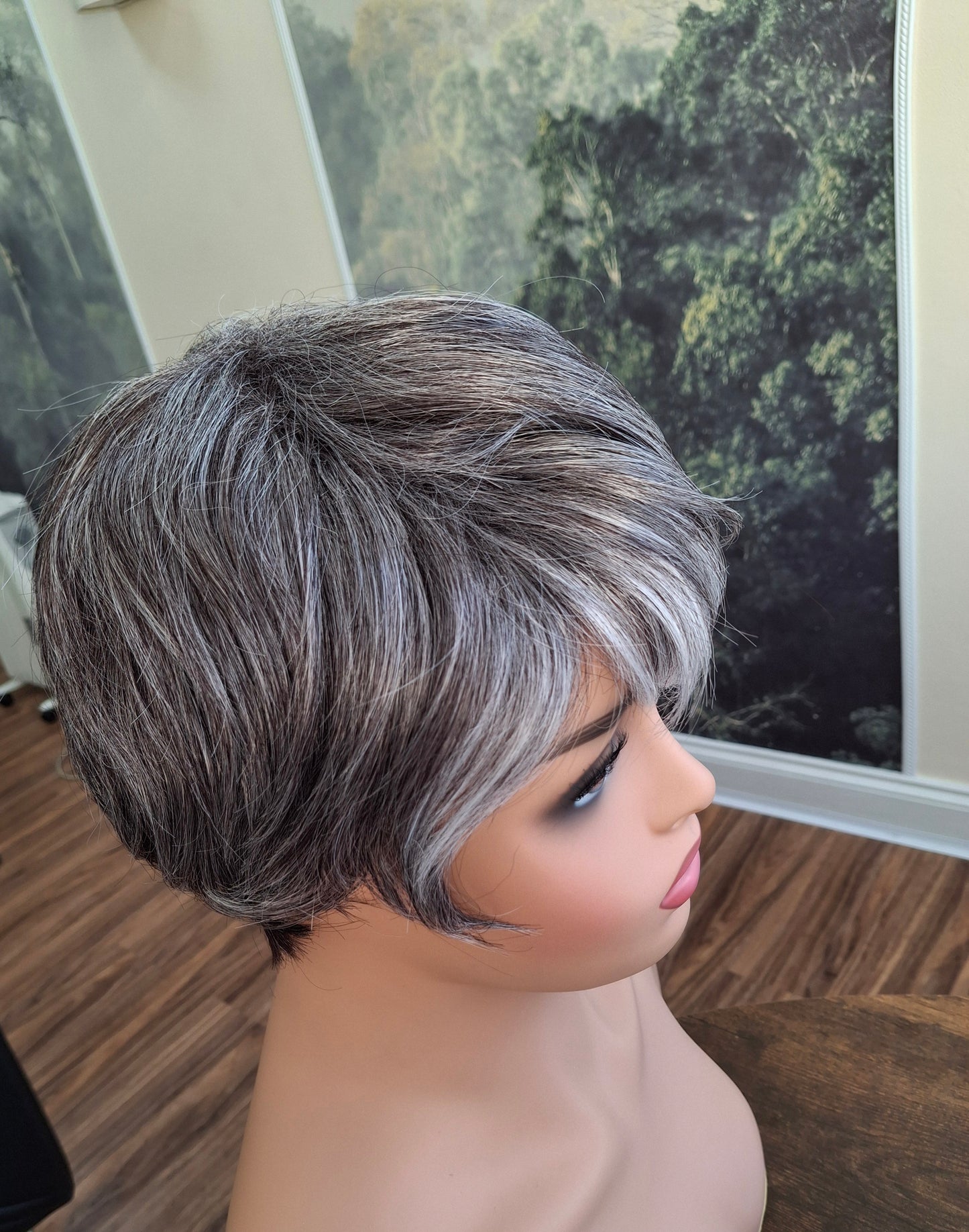 Clearance -Jane Fibre wig, short cropped style, pixie, Medium, dark grey and white