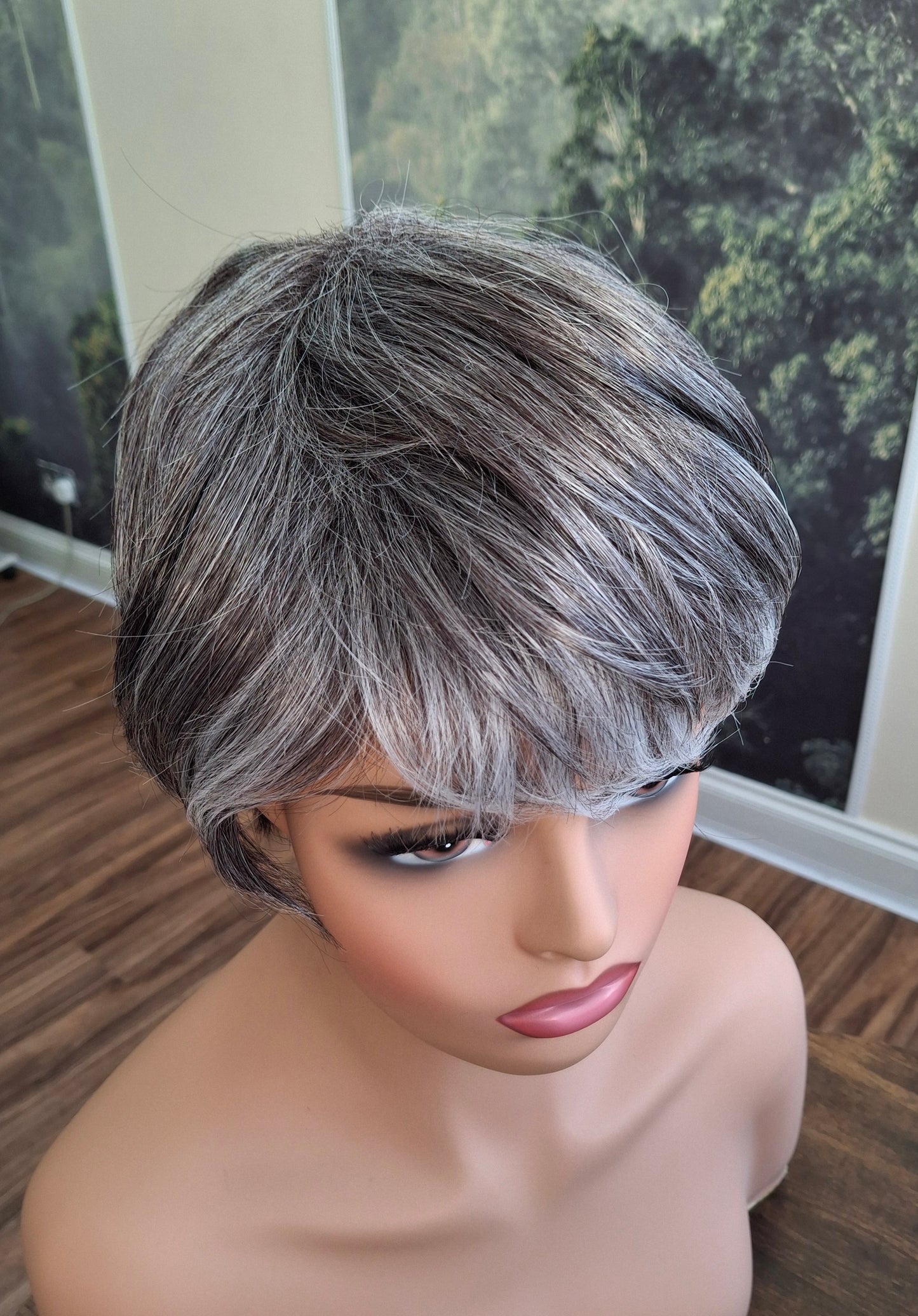 Clearance -Jane Fibre wig, short cropped style, pixie, Medium, dark grey and white