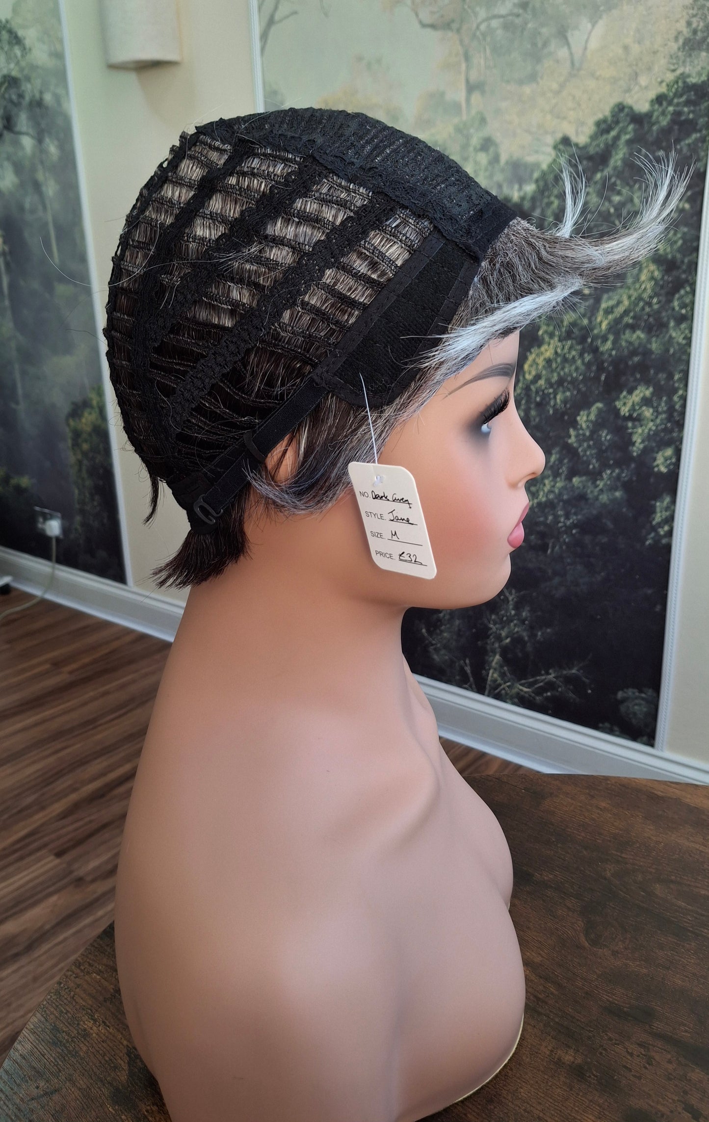 Clearance -Jane Fibre wig, short cropped style, pixie, Medium, dark grey and white