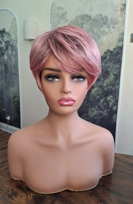 Clearance -Jane Fibre wig, short cropped style, pixie, Medium, dusky pink