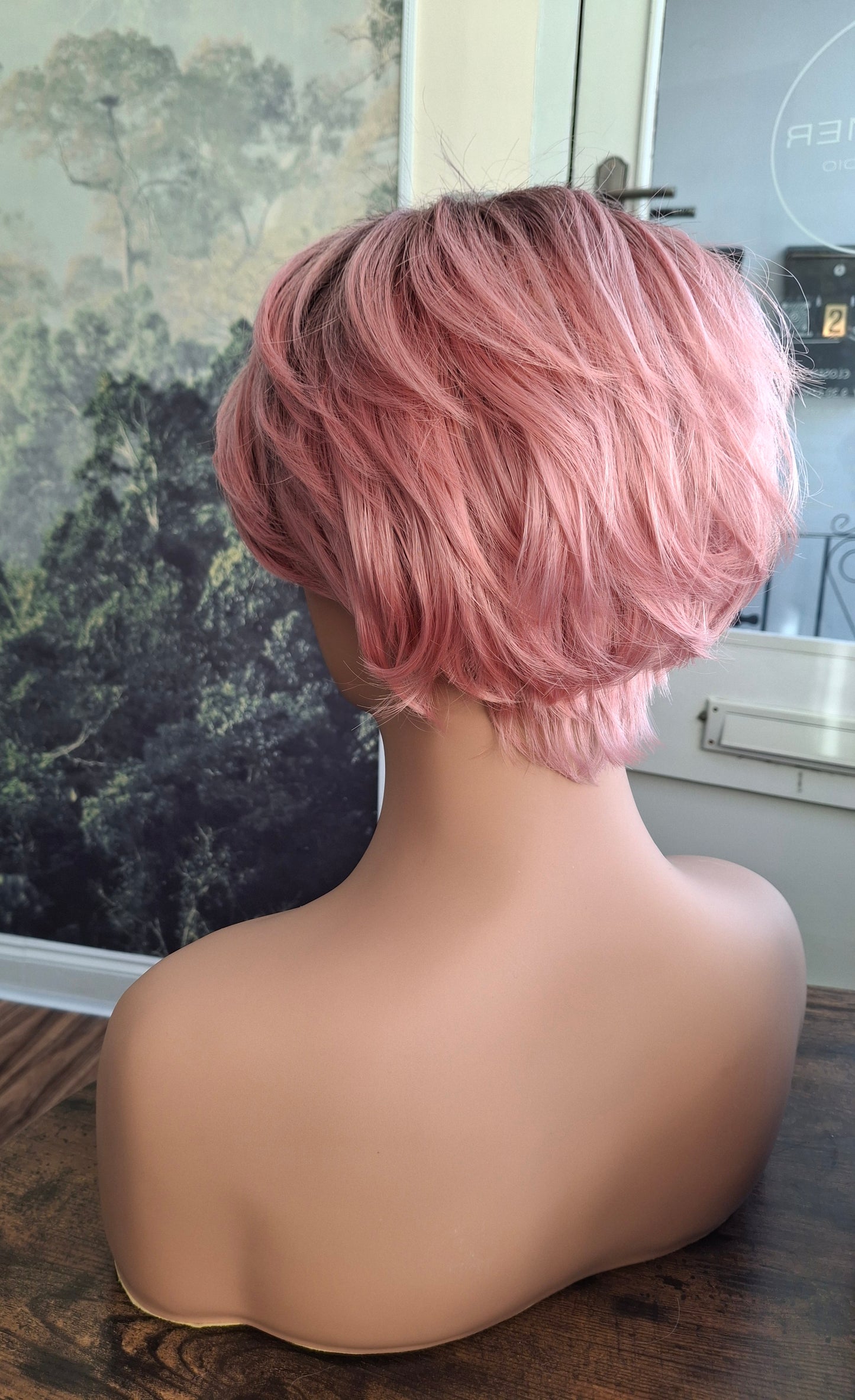 Clearance -Jane Fibre wig, short cropped style, pixie, Medium, dusky pink