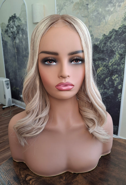 Callie topper, swiss lace closure with weft, large size, full coverage, vanilla ice, 14 inches long