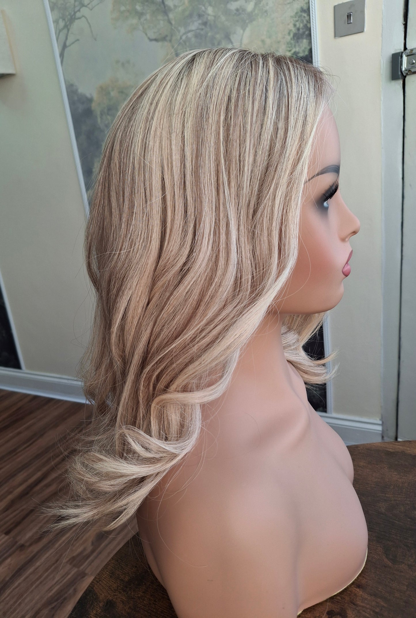 Callie topper, swiss lace closure with weft, large size, full coverage, vanilla ice, 14 inches long