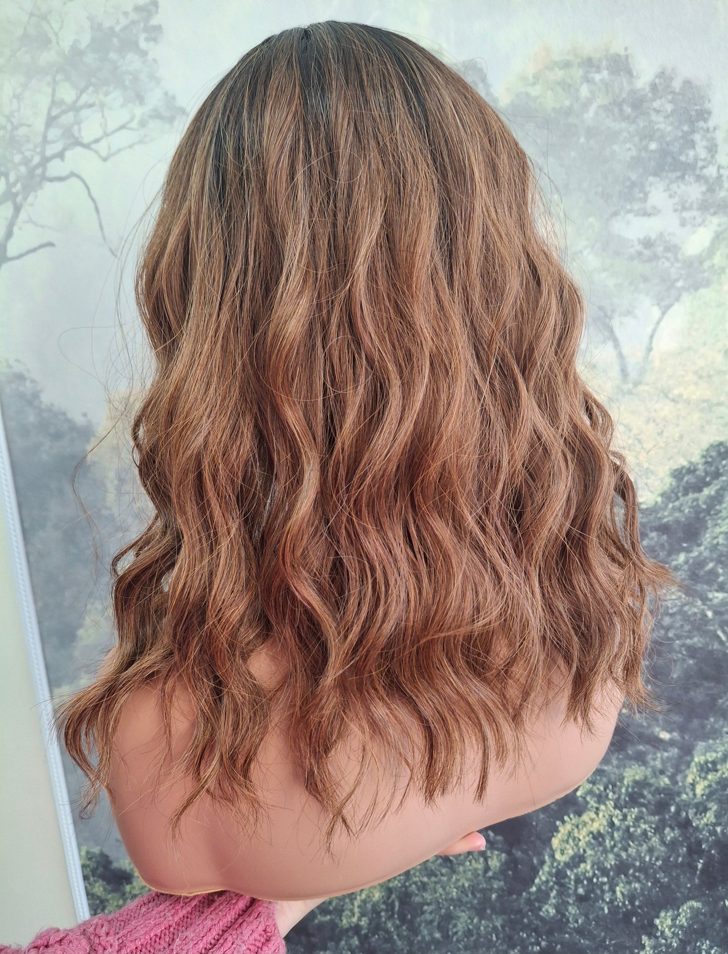 Clearance -Amy budget friendly fibre wig, layers, wavy rooted golden brown, Medium adjustable cap