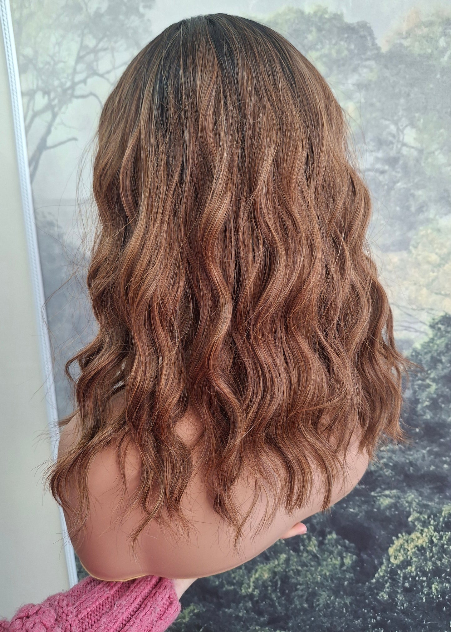 Clearance -Amy budget friendly fibre wig, layers, wavy rooted golden brown, Medium adjustable cap