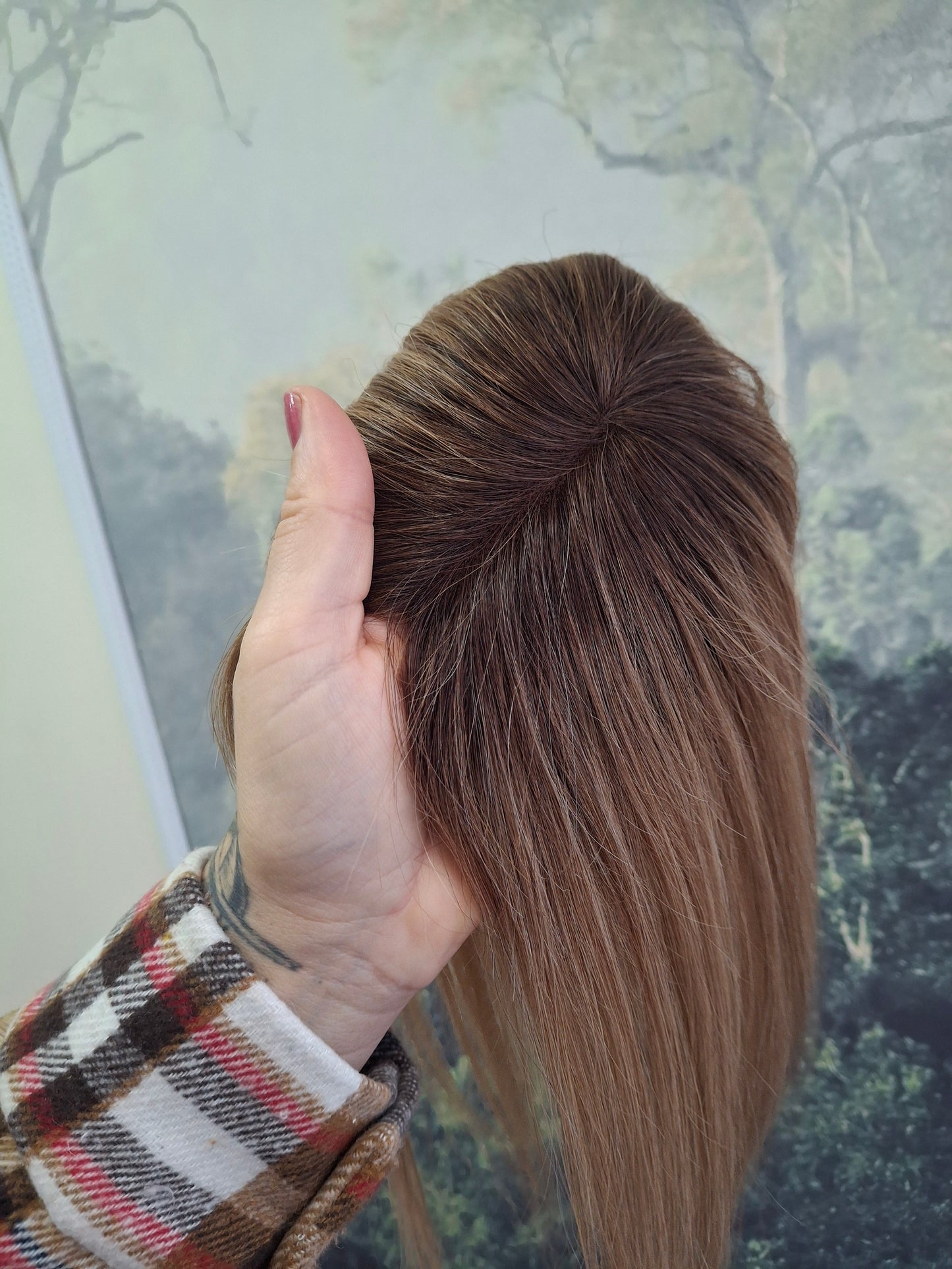 Betty lace and weft base human hair topper, small, lightweight, dark blonde with root