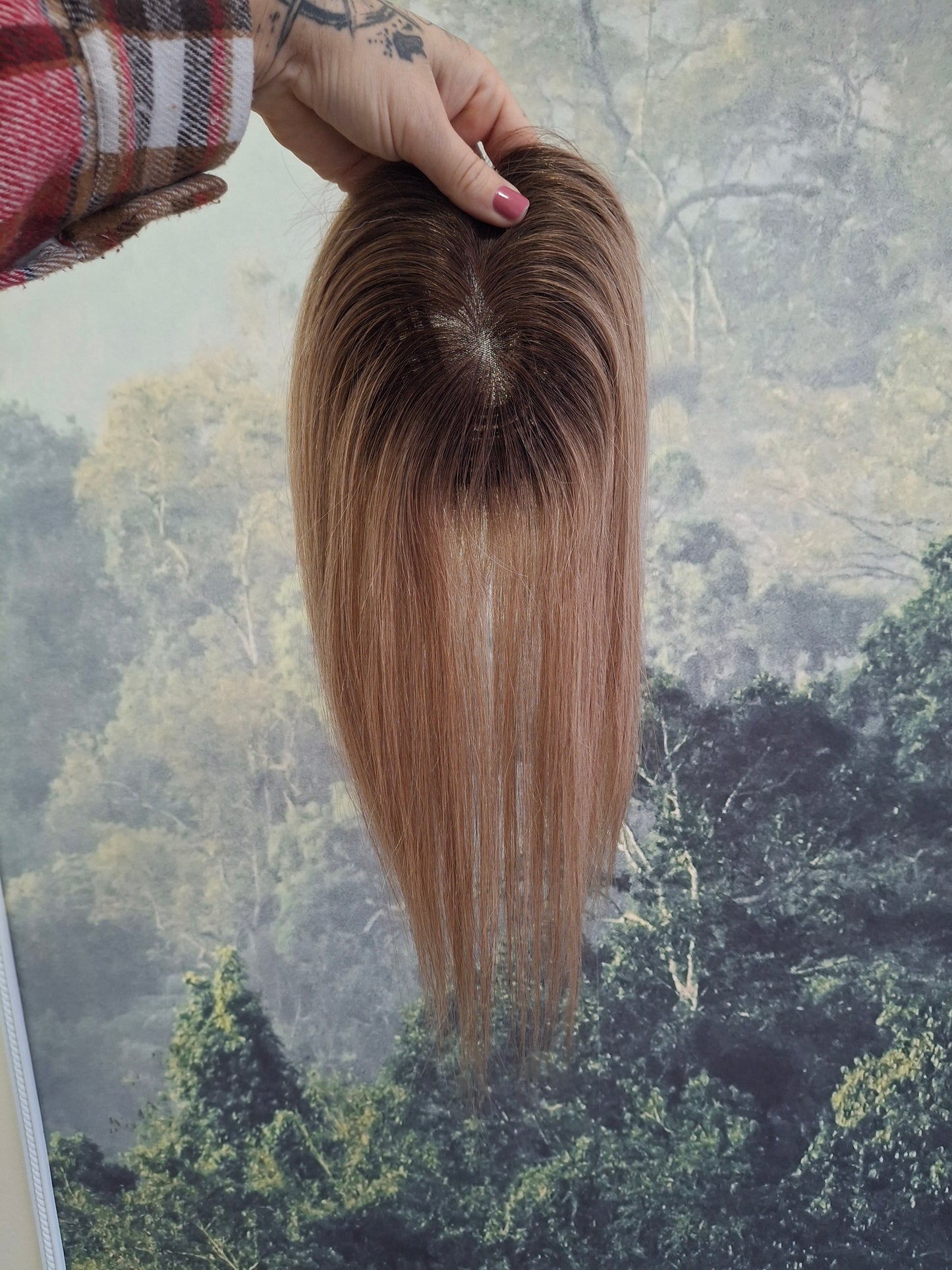 Betty lace and weft base human hair topper, small, lightweight, dark blonde with root