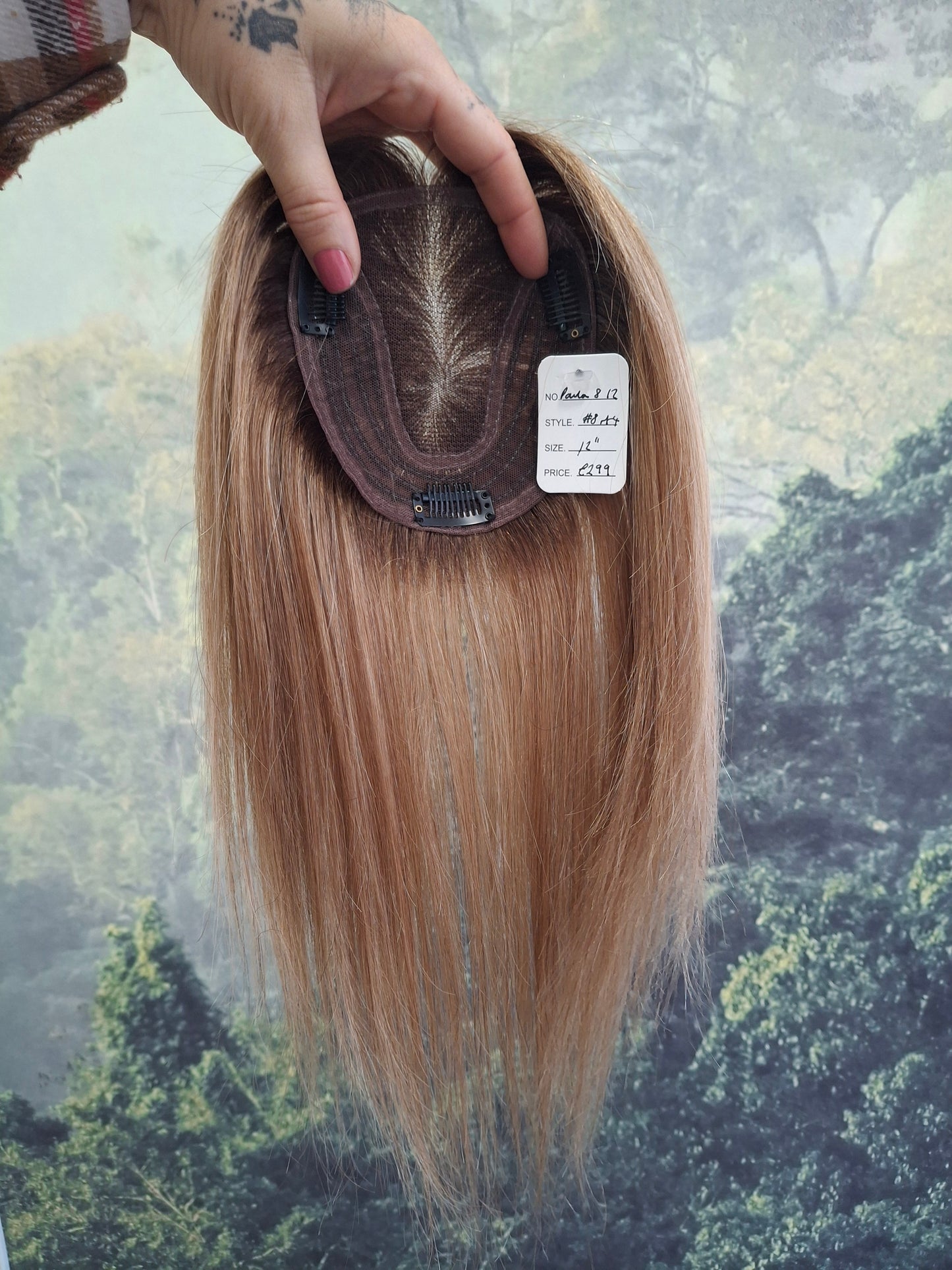 Betty lace and weft base human hair topper, small, lightweight, dark blonde with root