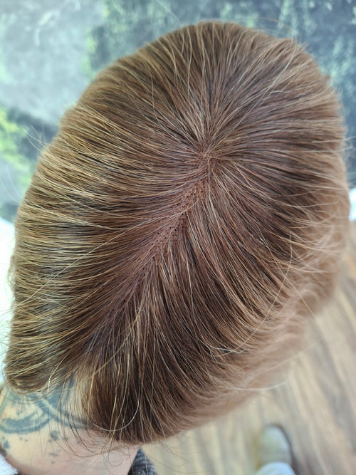 Betty lace and weft base human hair topper, small, lightweight, dark blonde with root