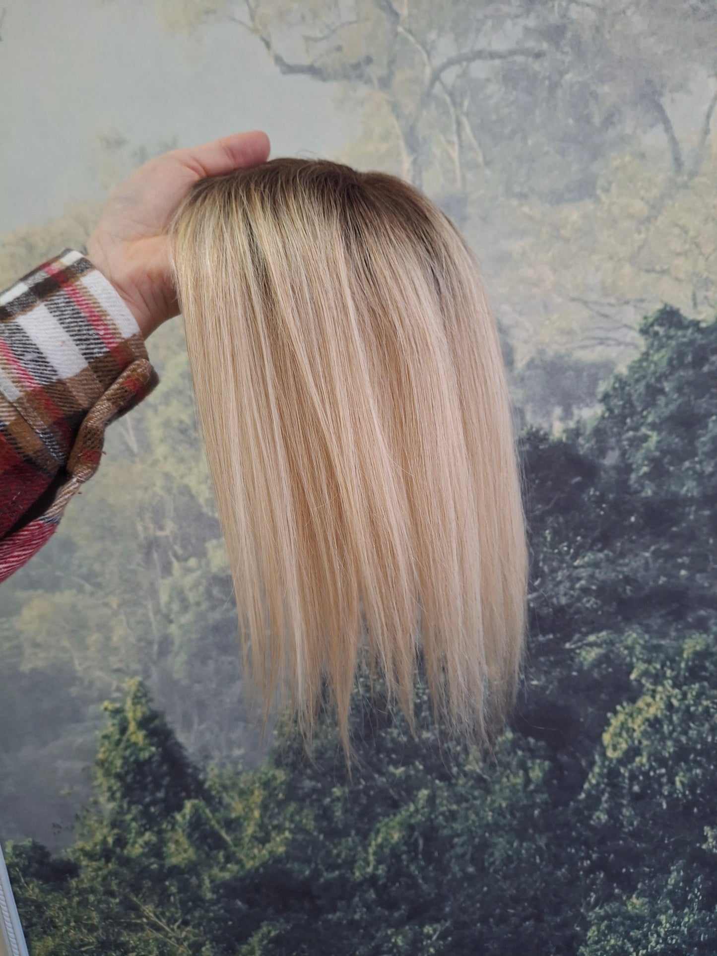 Betty lace and weft base human hair topper, small, lightweight, light honey blonde with root