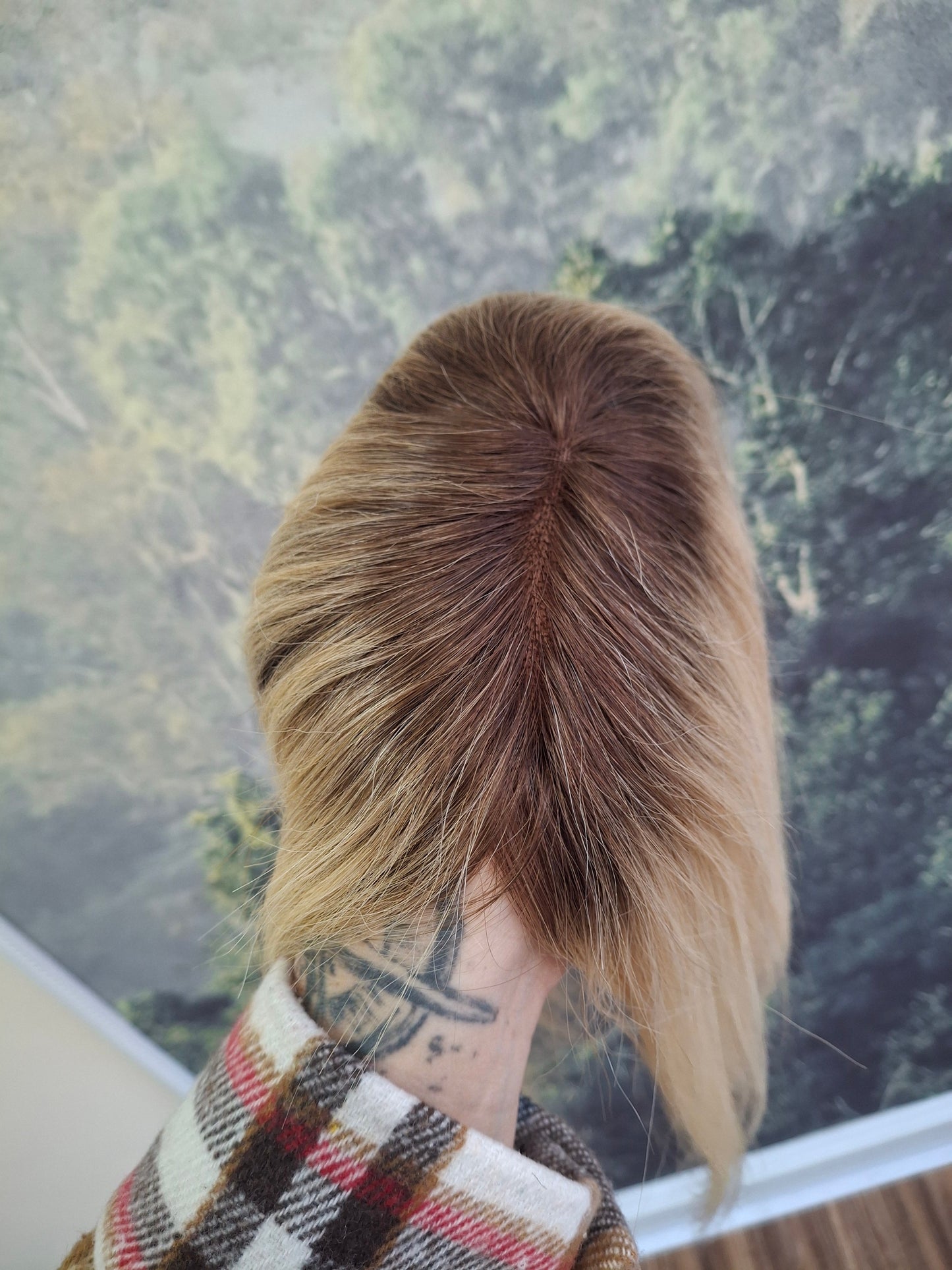 Betty lace and weft base human hair topper, small, lightweight, light honey blonde with root