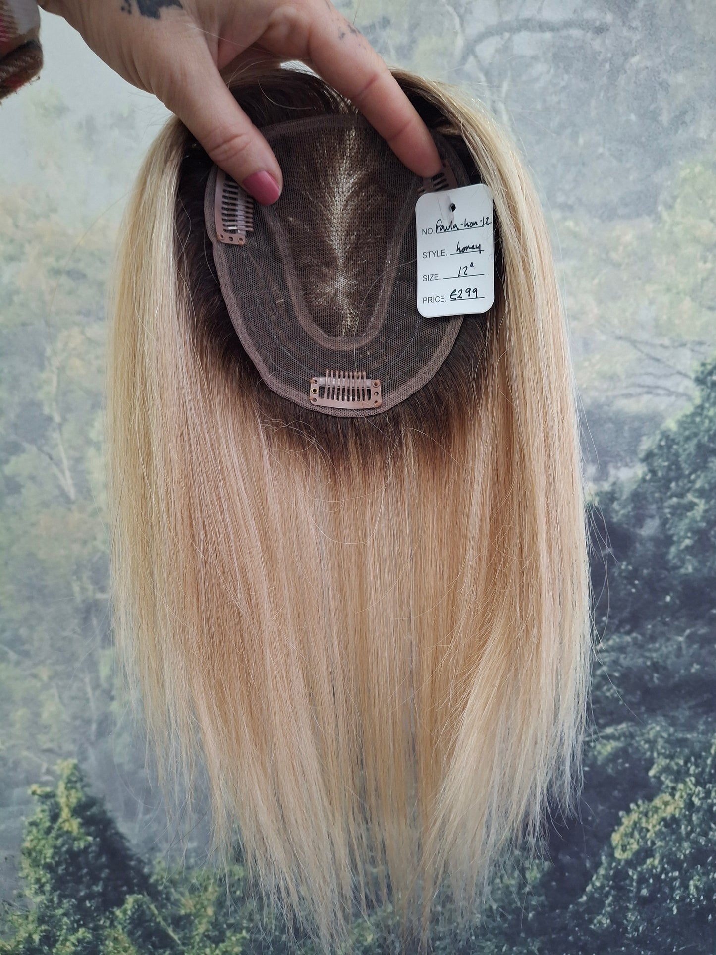Betty lace and weft base human hair topper, small, lightweight, light honey blonde with root