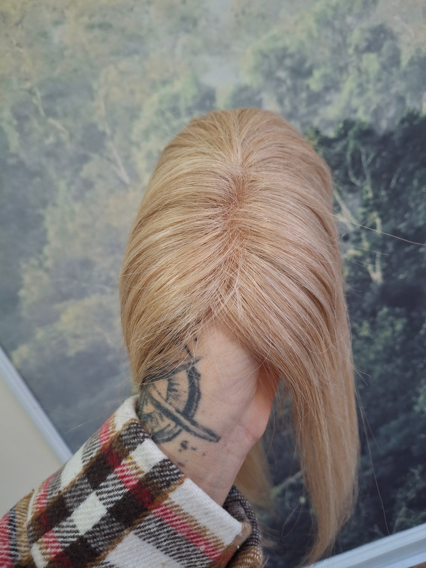 Betty lace and weft base human hair topper, small, lightweight, champagne blonde