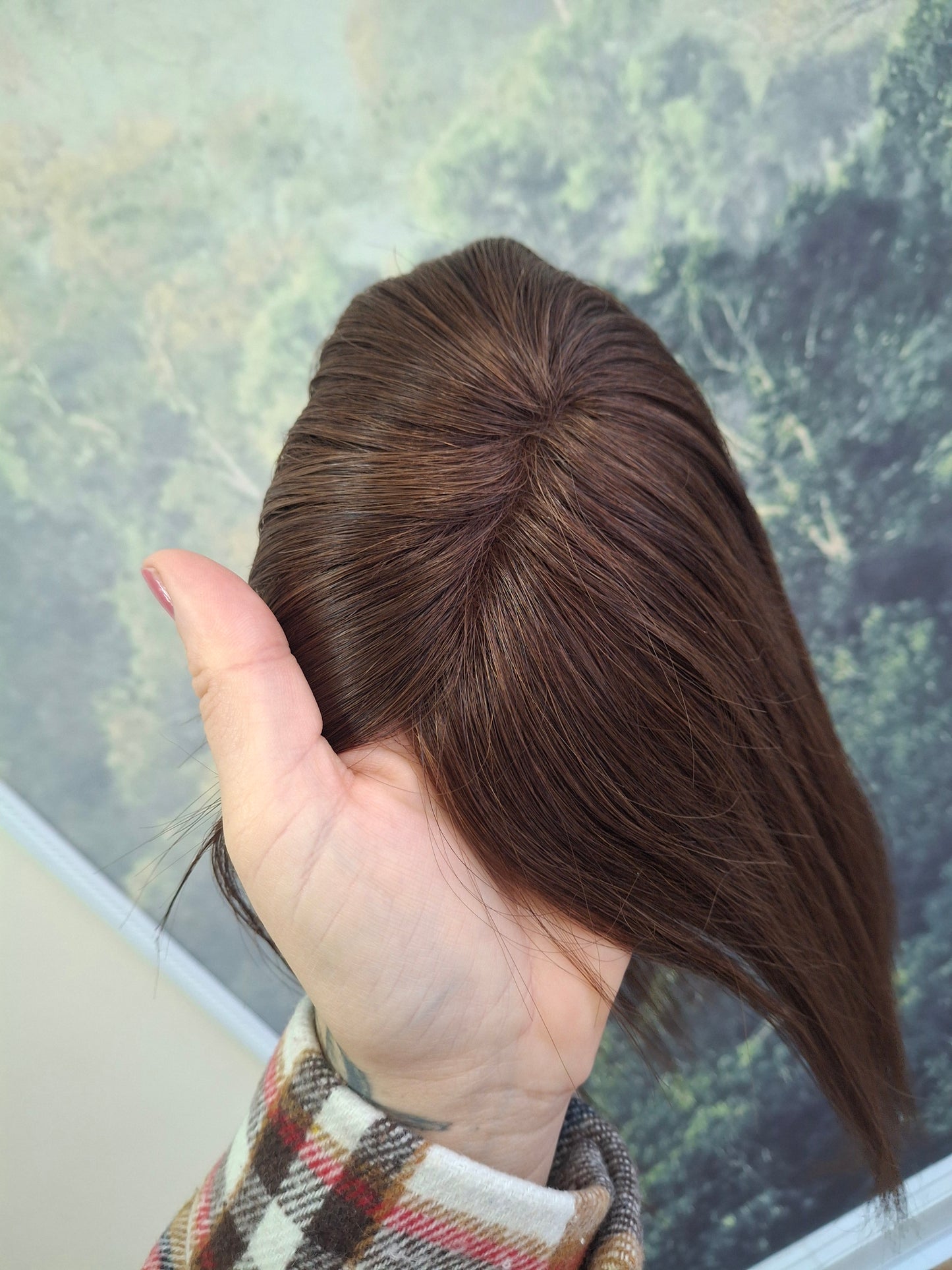 Betty lace and weft base human hair topper, small, lightweight, darkest brown