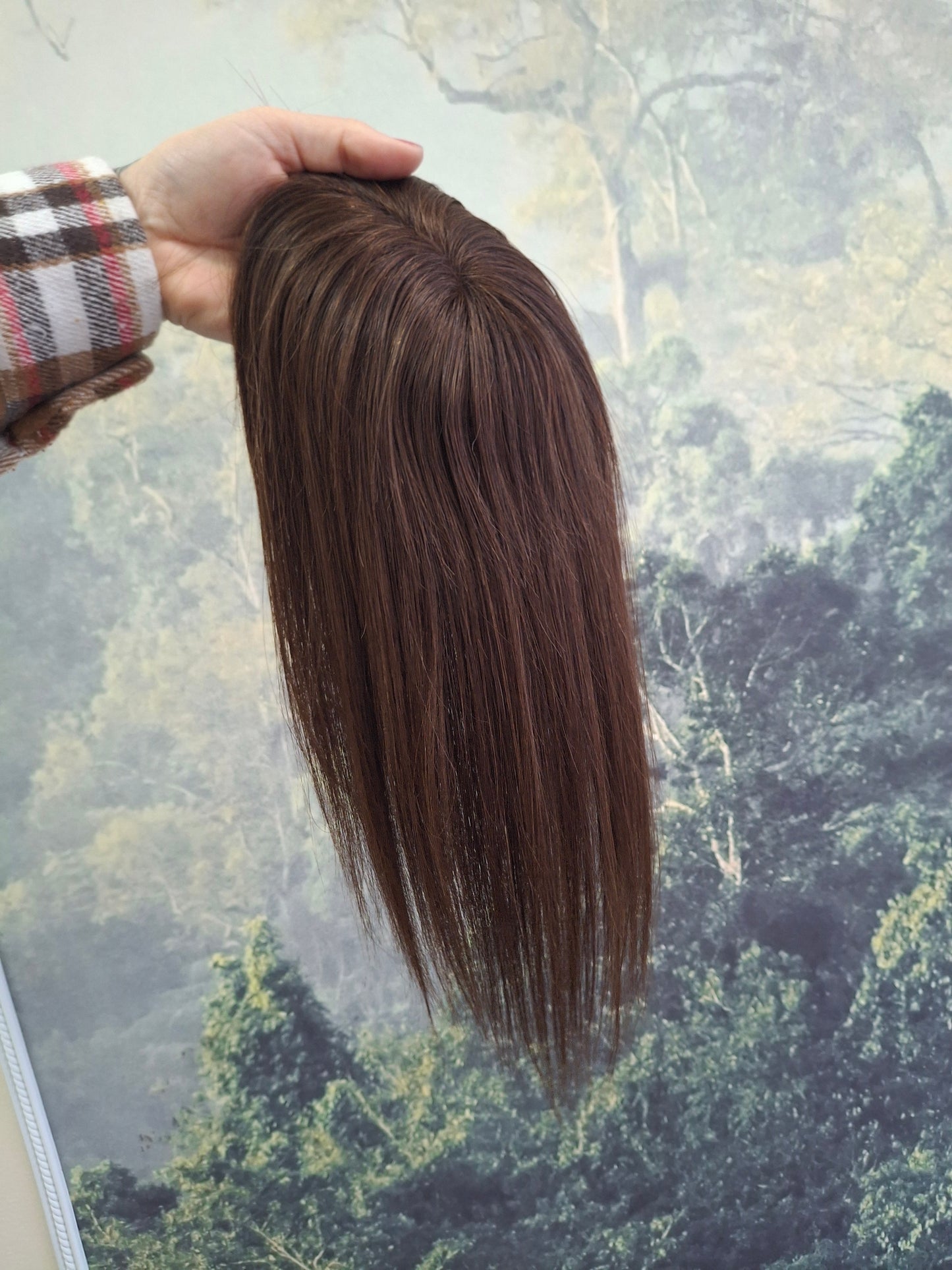 Betty lace and weft base human hair topper, small, lightweight, darkest brown