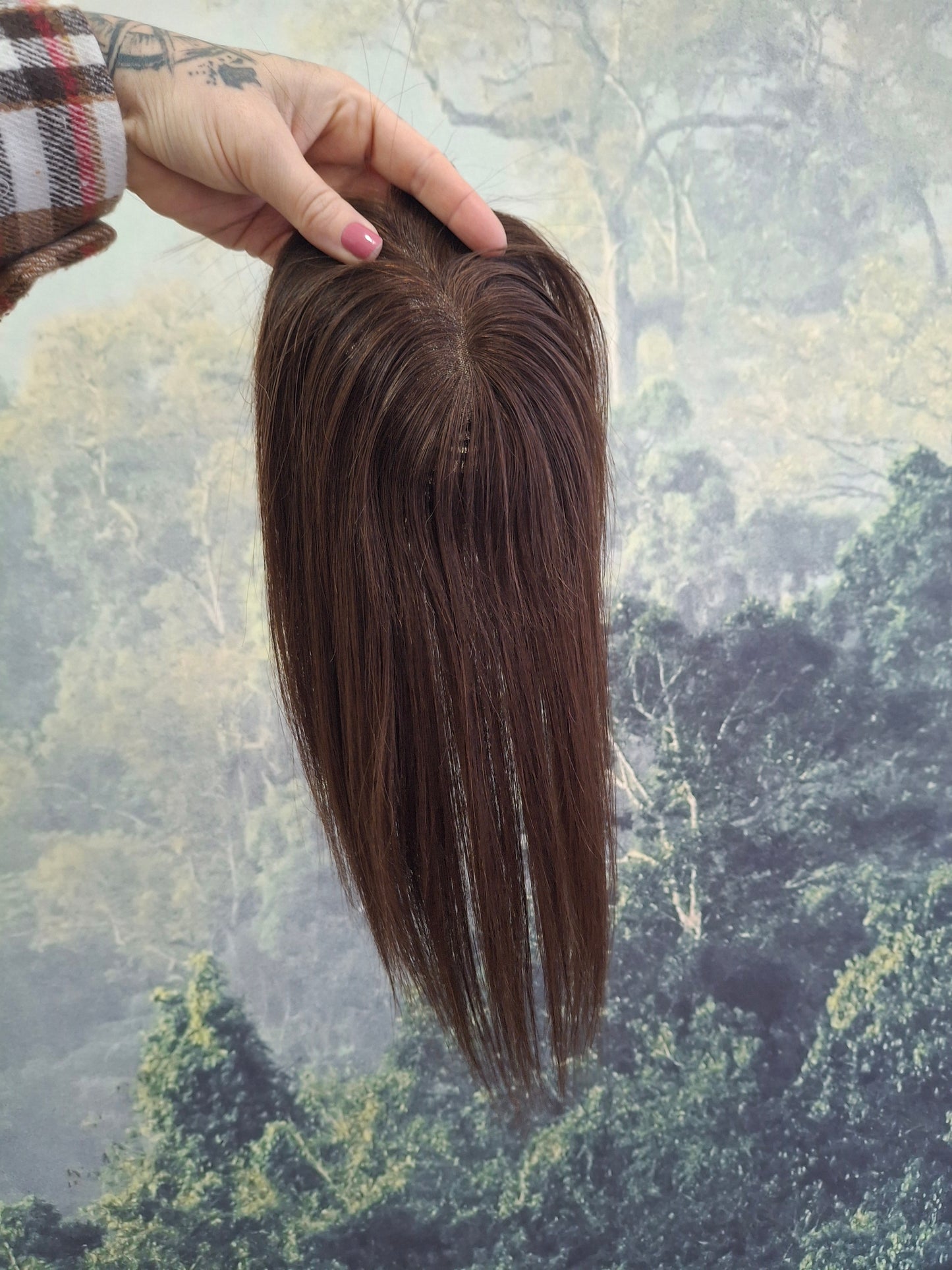 Betty lace and weft base human hair topper, small, lightweight, darkest brown