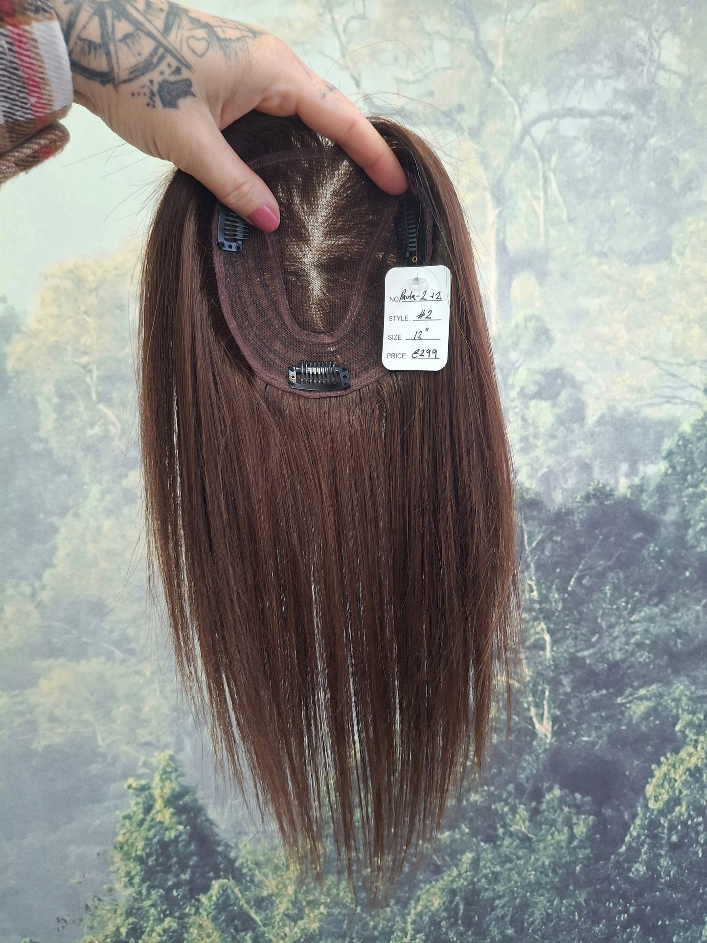 Betty lace and weft base human hair topper, small, lightweight, darkest brown