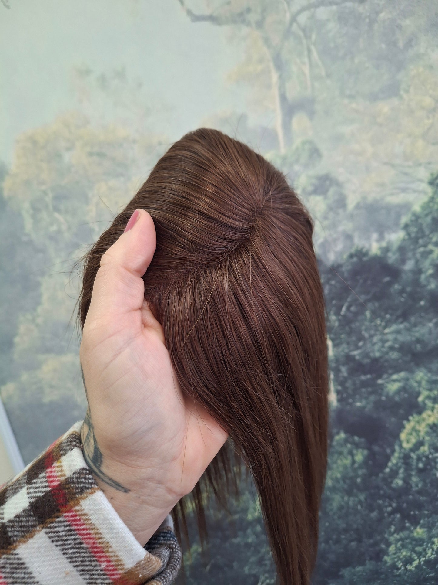 Betty lace and weft base human hair topper, small, lightweight, dark brown