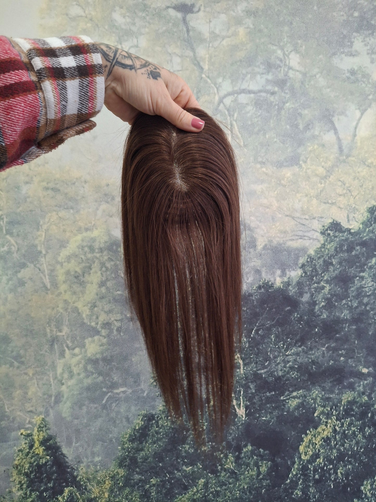 Betty lace and weft base human hair topper, small, lightweight, dark brown