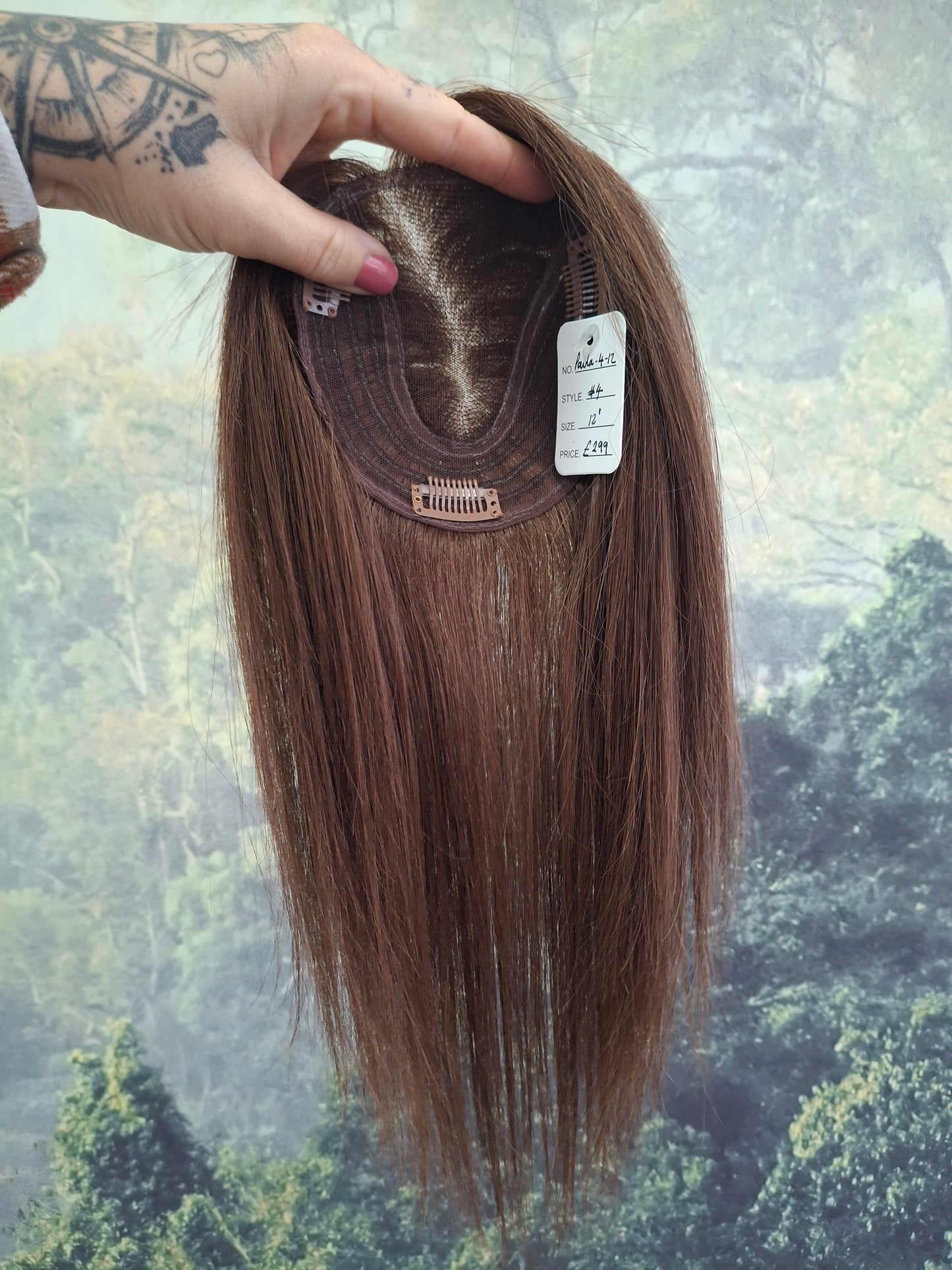 Betty lace and weft base human hair topper, small, lightweight, dark brown