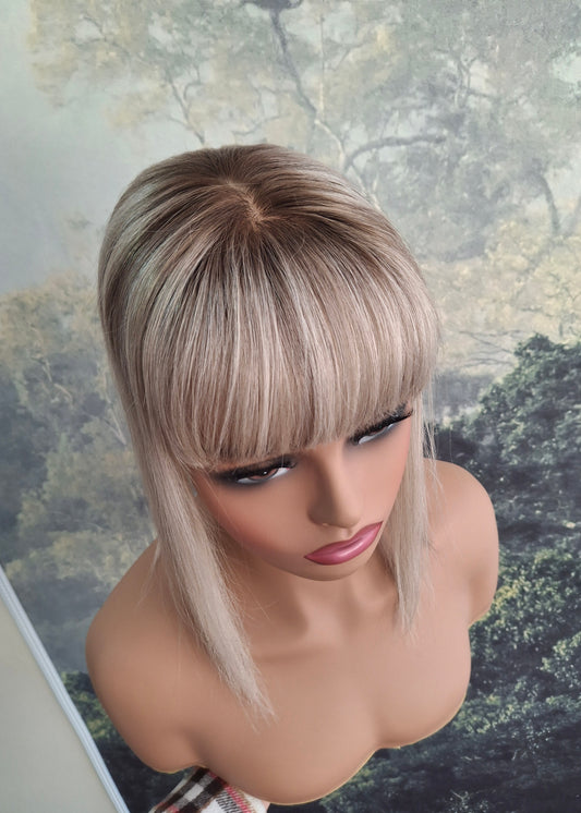 Reduced-Mila quality human hair topper, full silk base, handmade, 12 inches long, #960- shadows and dust