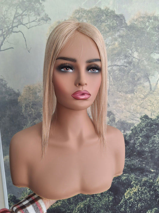 Betty lace and weft base human hair topper, small, lightweight, champagne blonde