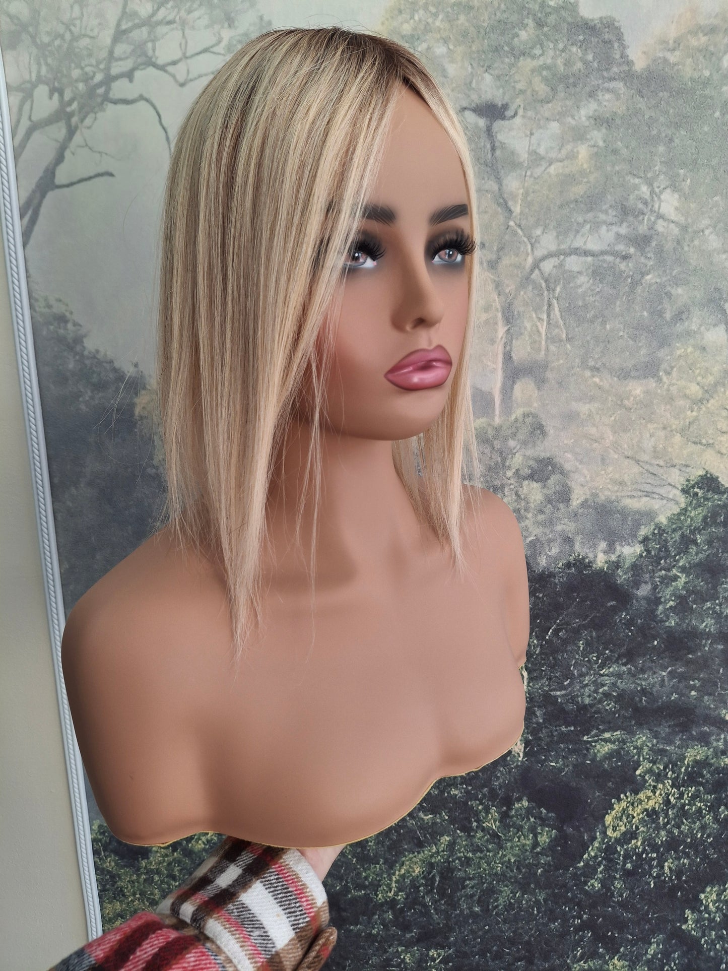 Betty lace and weft base human hair topper, small, lightweight, light honey blonde with root