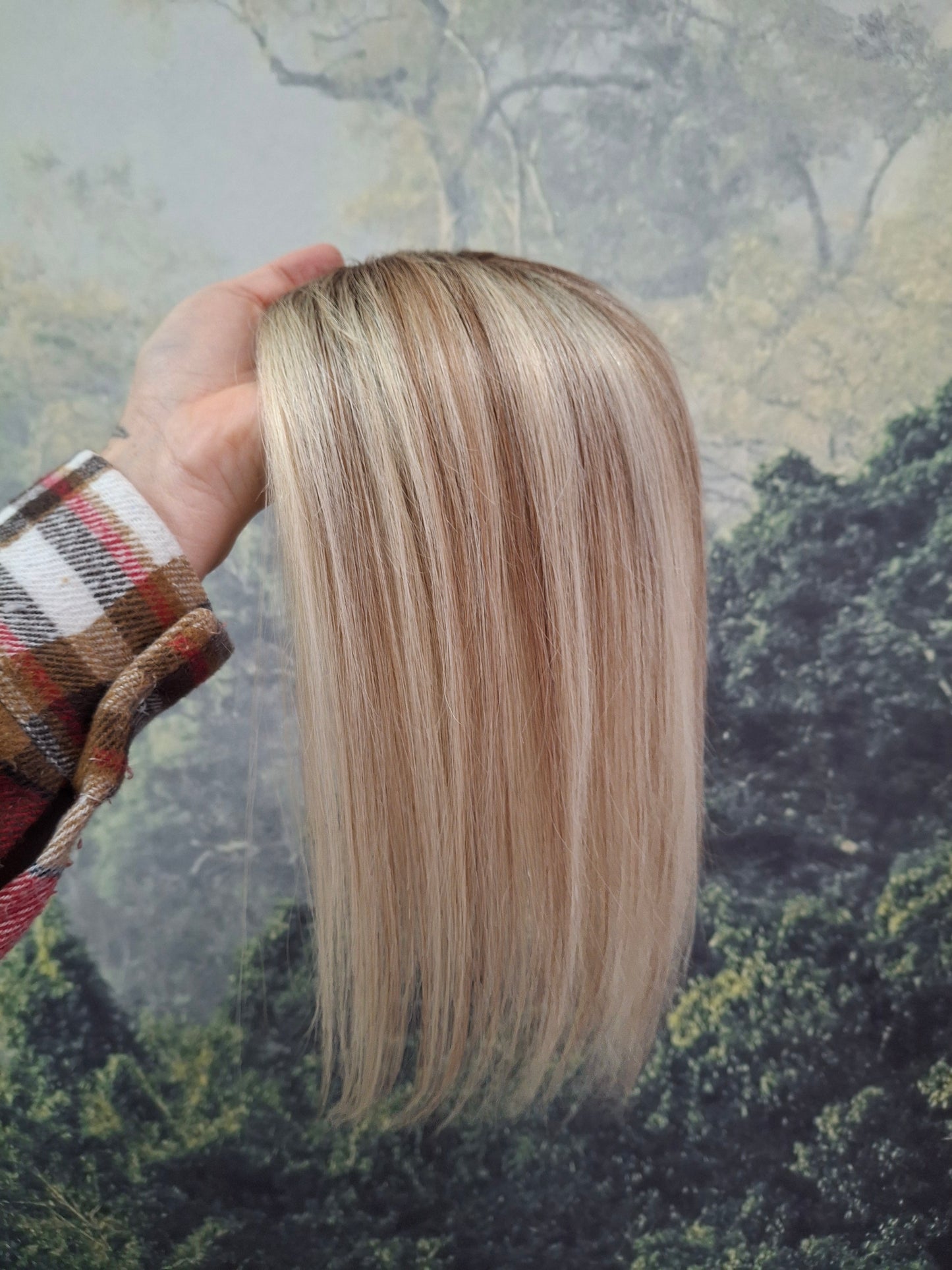 Mila quality human hair topper, full silk base, handmade, 12 inches long, #6/613rt4- cookies and cream